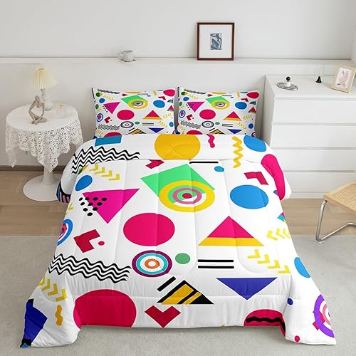 Miniatura 16 de Juego de edredón de estilo de moda de los años 80 y 90, tamaño Queen, patrón retro de estilo Memphis con formas geométricas, juego de ropa de cama