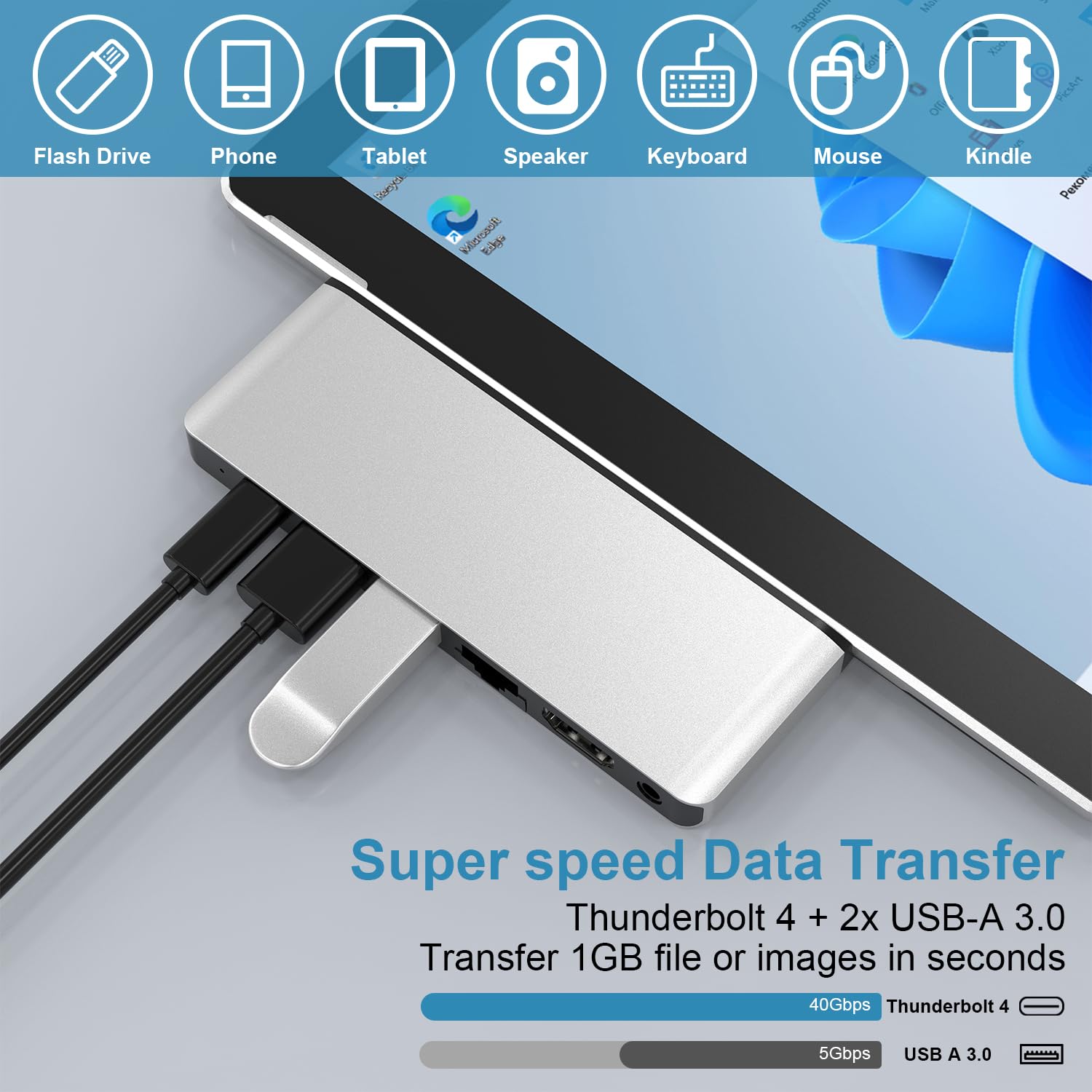 Concentrateur USB Surface Pro 11, station d'accueil Surface Pro 9 avec HDMI 4K, USB-C Thunderbolt 4 (vidéo 8K + données + PD), 100 m RJ45, 2 USB 3.0, fente pour carte SD/TF, 3,5 mm, conçu pour Surface