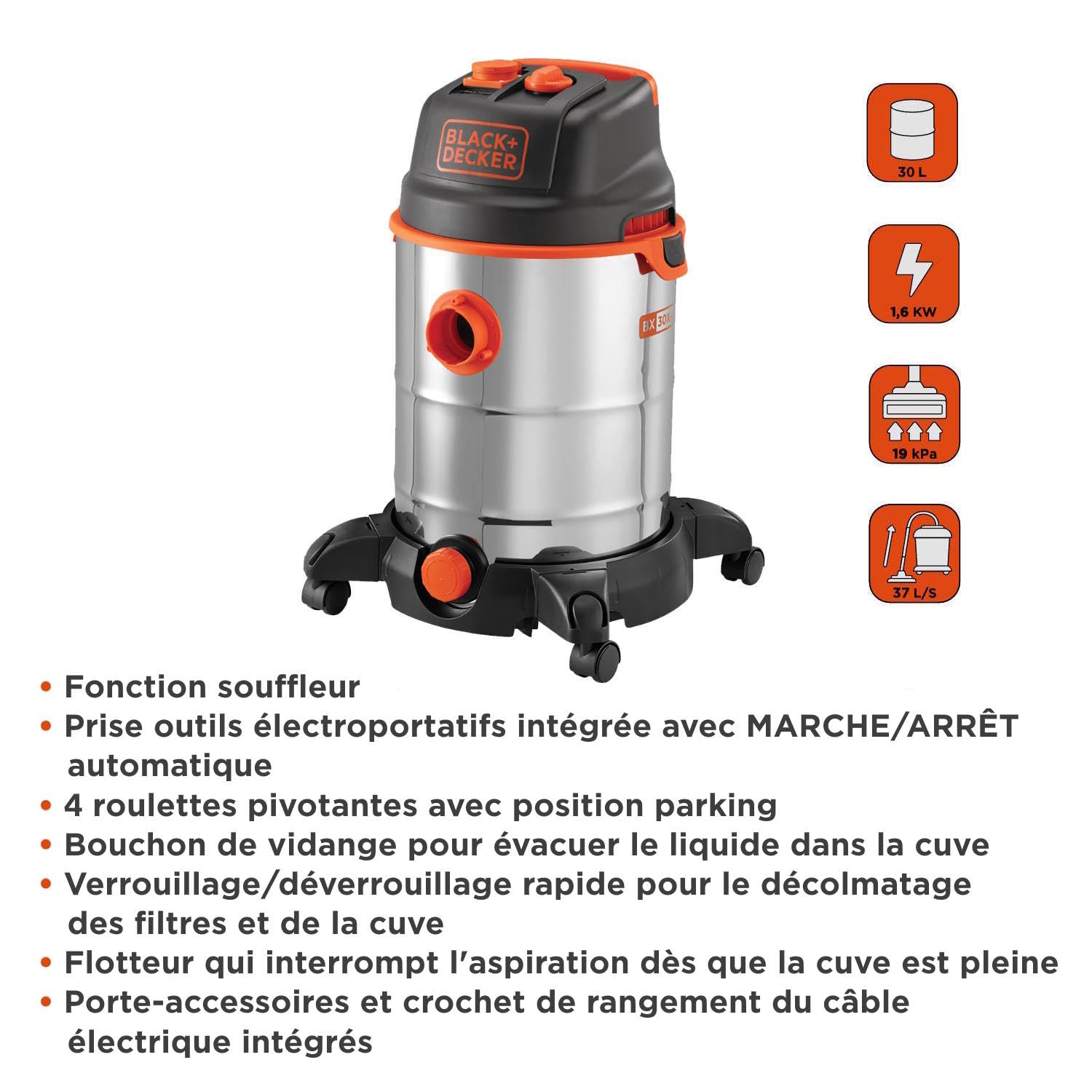 BLACK+DECKER Aspirateur Solides et Liquides BXVC30XTDE 1600 W 30 litres