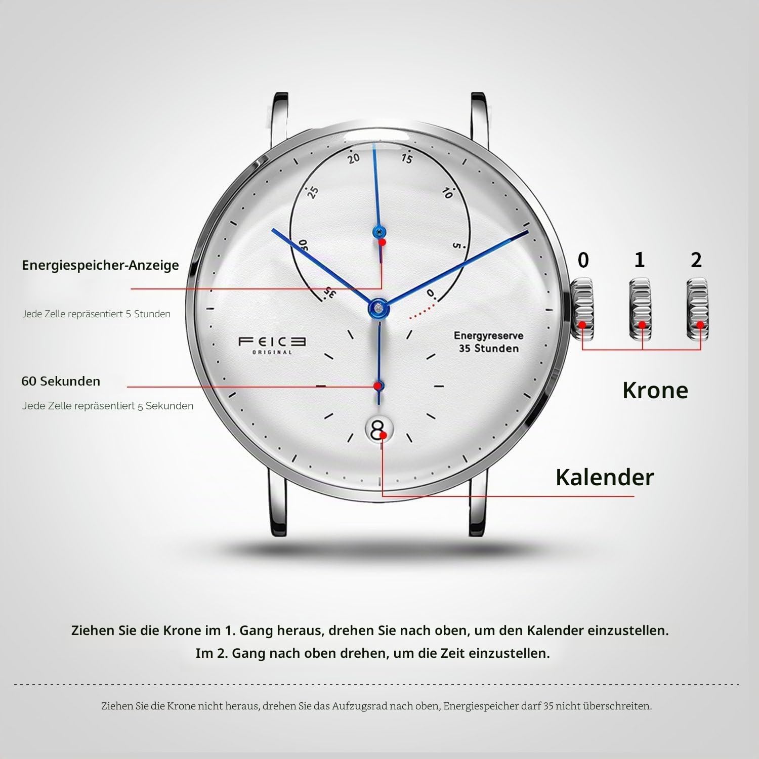 FEICE FM202 Herrenuhr Automatik Armbanduhren mit Gewölbtes Mineralglas 40mm | Automatikwerk, Kalender, Energieanzeige-Hilfszifferblatt, Armbanduhr für Männer, Klassisch, Minimalistisch, Mechanische Watch