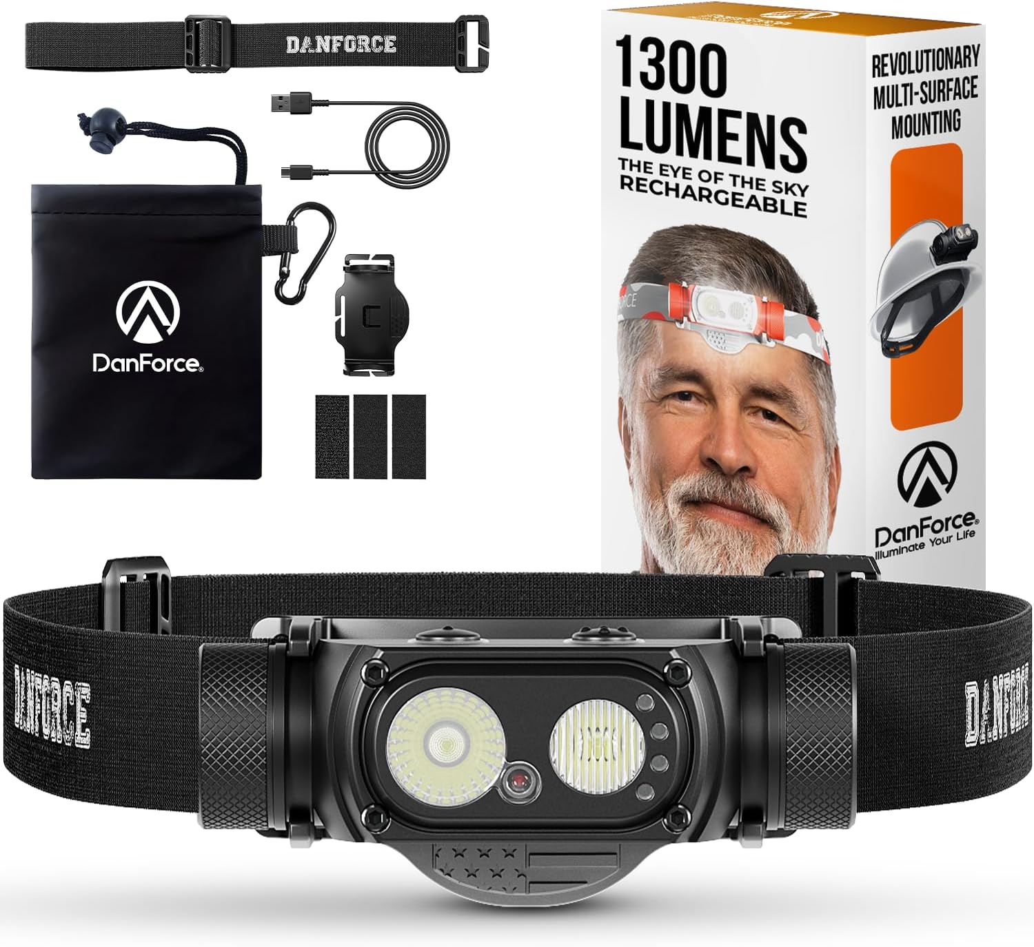 DanForce Headlamp Rechargeable, American LED Ultra Bright 1300 Lumens