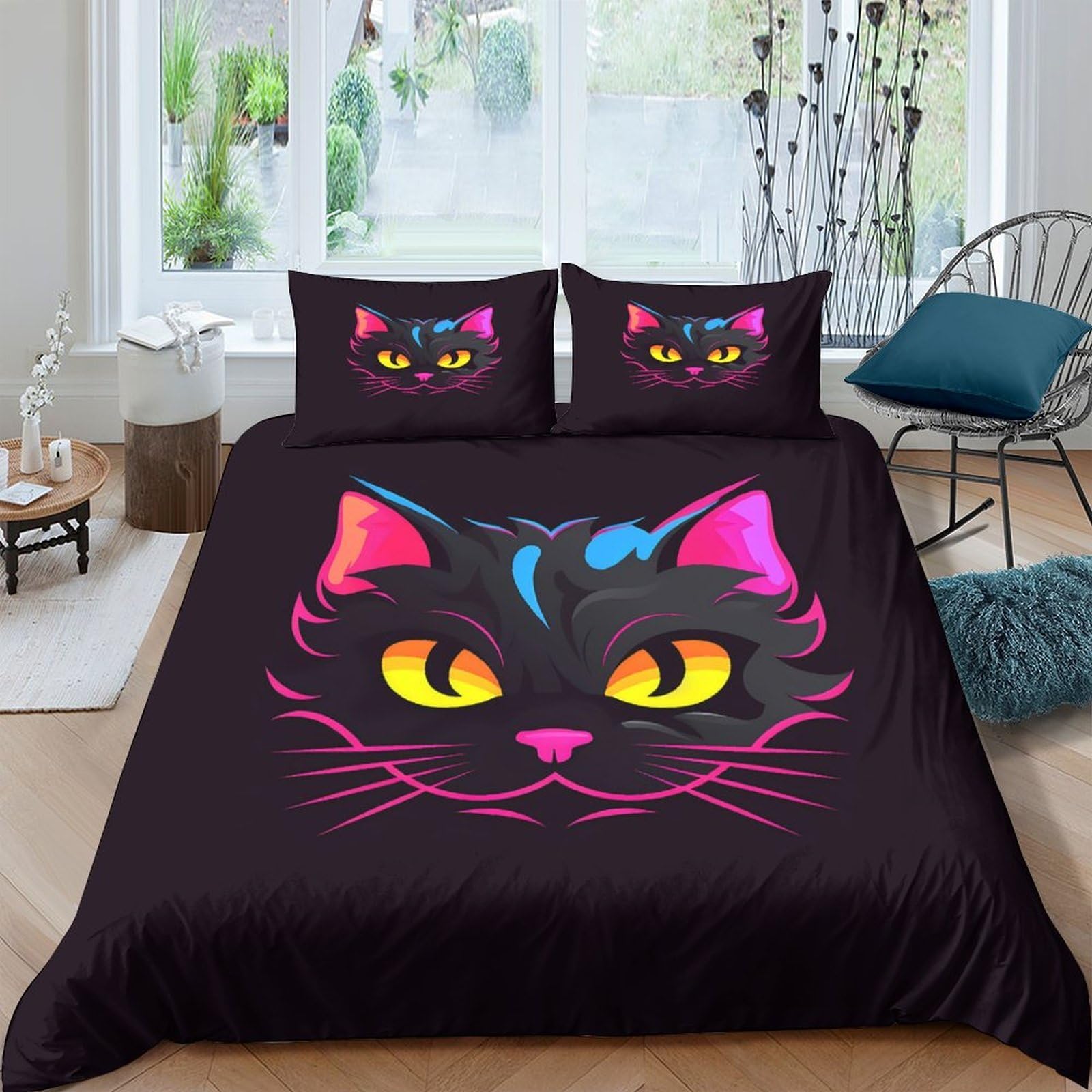 Ctjqhvkz Style-9 3D Printed Neon Cat Face Fitted Sheet Microfiber Soft Breathable Black Cat Bed Cover For Bedroom Dorm Decor Single（135X200cm）