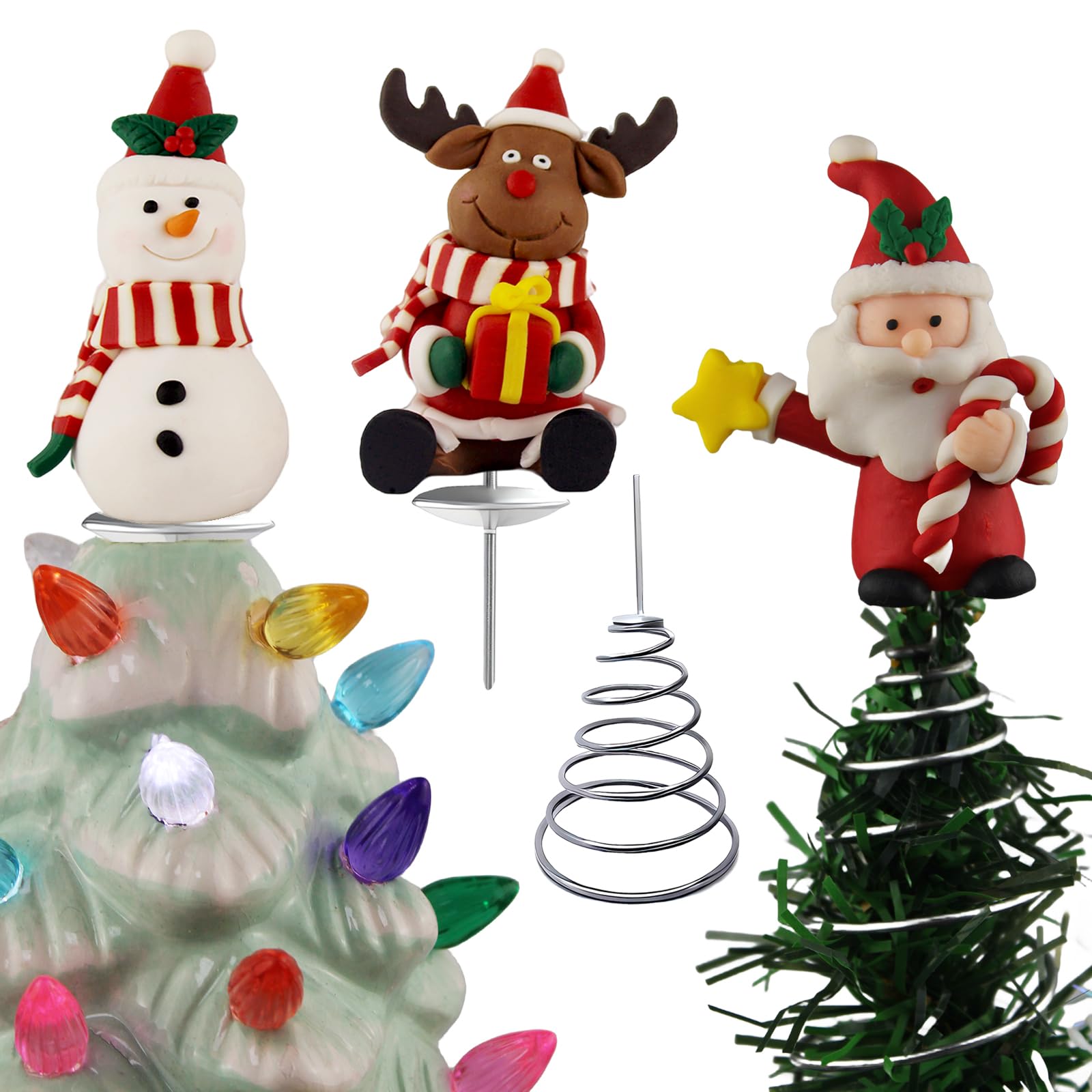 3Pack Ceramic Christmas Tree Replacement Topper Decorations-Includes Snowman/Santa Claus/Reindeer, Matching Metal Spring Base Can Also Be Used As A Xmas Flocked Trees.