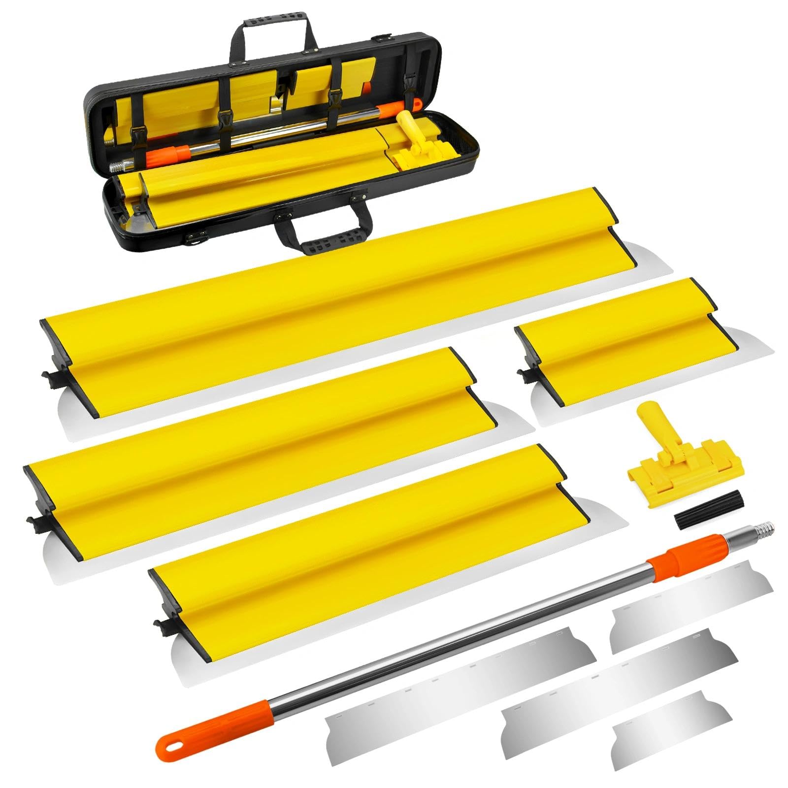 Drywall Skimming Blade Set Including Extra Blade Replace, 10", 16", 24" and 32" Stainless Steel Skimming Blades, 28"-62" Extension Handle, Smoothing