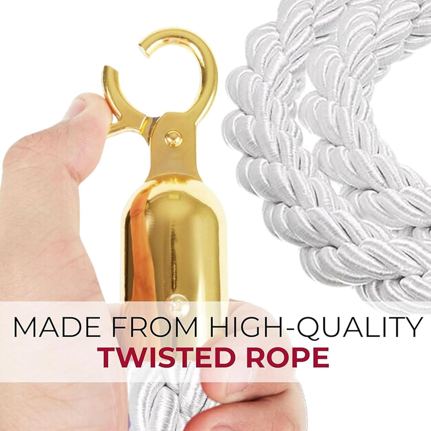 Heavy-Duty Stanchion Rope with Snap Hooks - 4.9ft Twisted Queue Line Barrier for Movie Theaters, Hotels, Grand Openings, Event Management, Crowd Control