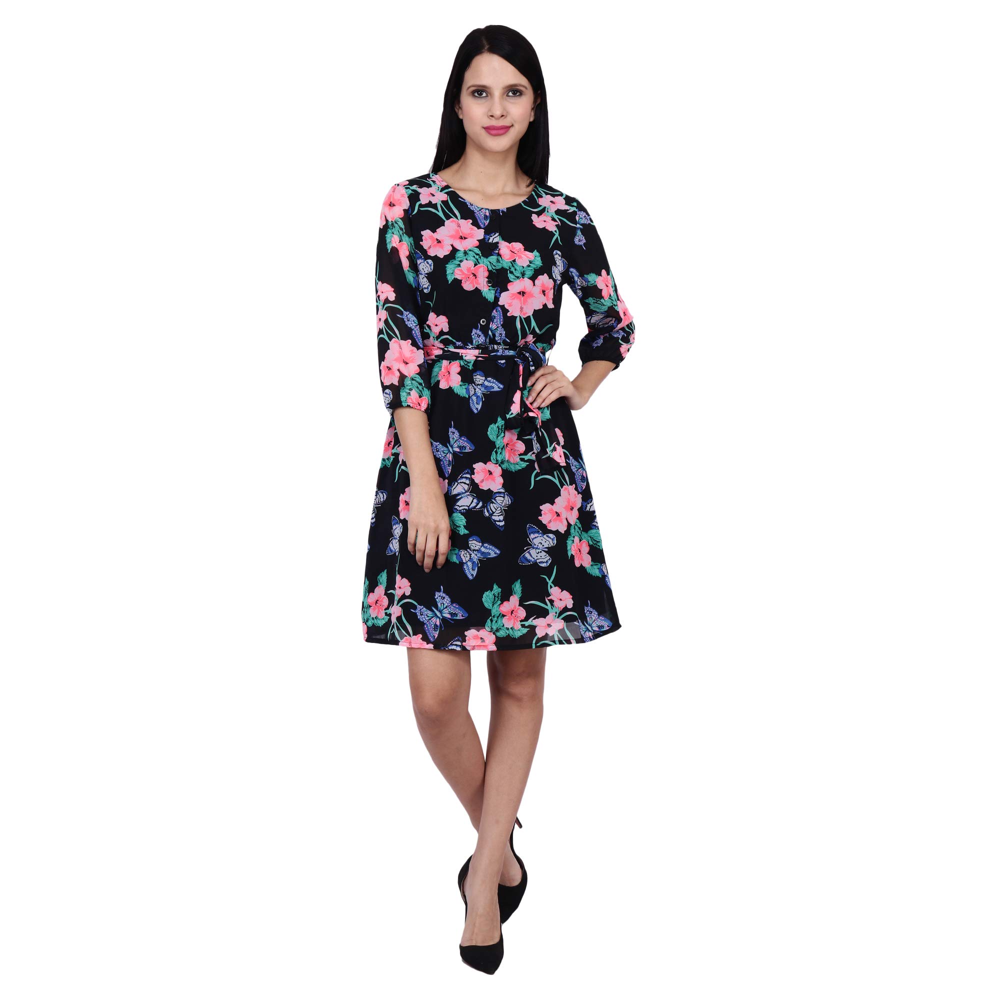 Women's Western Georgette Mini Length Dress/Black A-Line Floral Print Dress/Round Neck Women's Western Dress/A-Line Puff Sleeve Dress