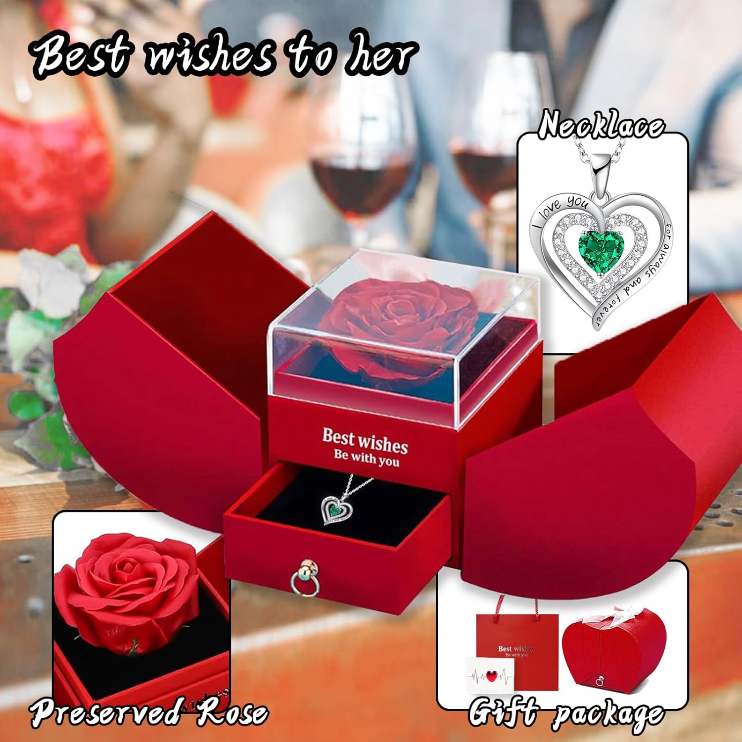 Mothers Day Gifts for Mom Birthstone Necklace from Daughter and Son, Preserved Red Real Flowers Rose for Women Grandma Wife Girlfriend on Birthday Anniversary Valentines-May - Image 5