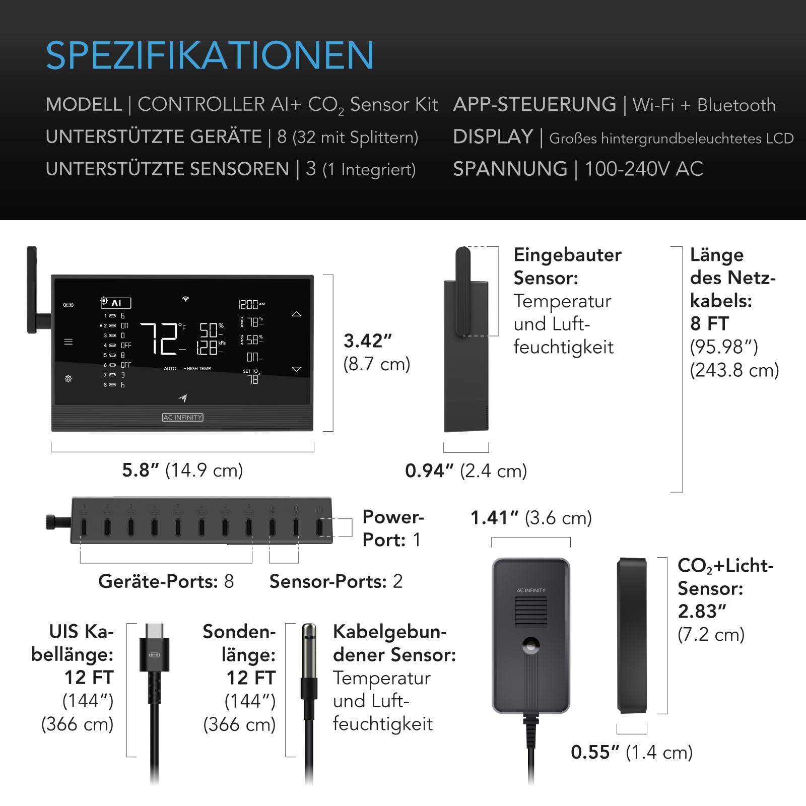AC Infinity Controller AI+ CO₂ Bundle – KI-gesteuerter Umweltcontroller mit CO₂-Sensor, Datenanalyse, Temperatur-, Feuchtigkeits- und VPD-Steuerung per App (Bluetooth & WLan)