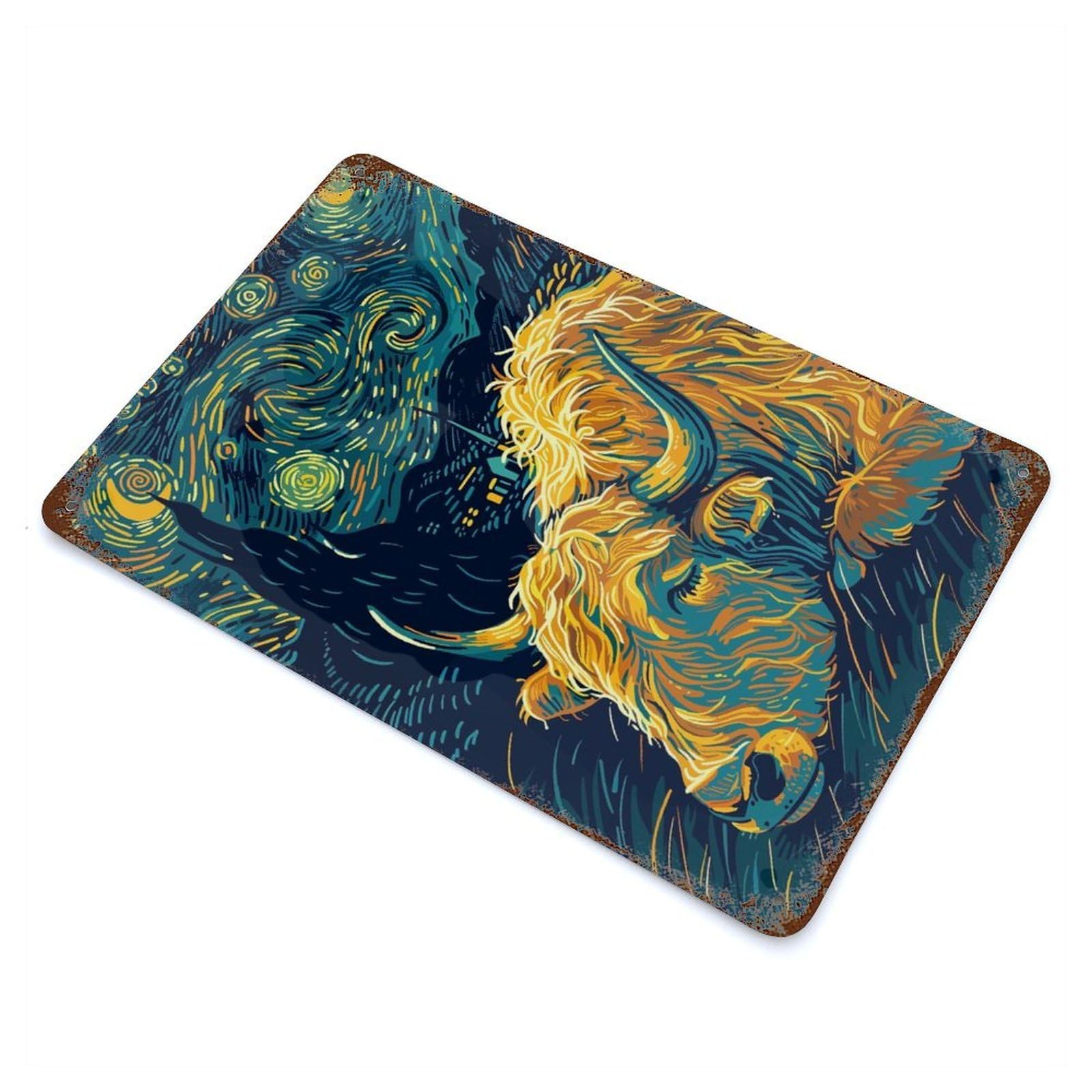 Starry Night Highland Cow Rustic Tin Plaque 11.8"x7.9", for Shed, Workshop And Garage Wall Decor, Rustic Home Decor