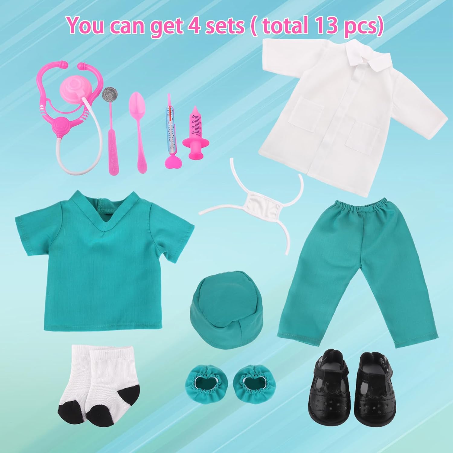 MSYO 18-Inch Doll Doctor Playset-Pretend Play Medical Kit with White Coat,Scrubs & Surgical Tools,STEM Roleplay Costume for Kids Ages 3-12,Fits Most 18-Inch Girl & Boy Dolls(Green)
