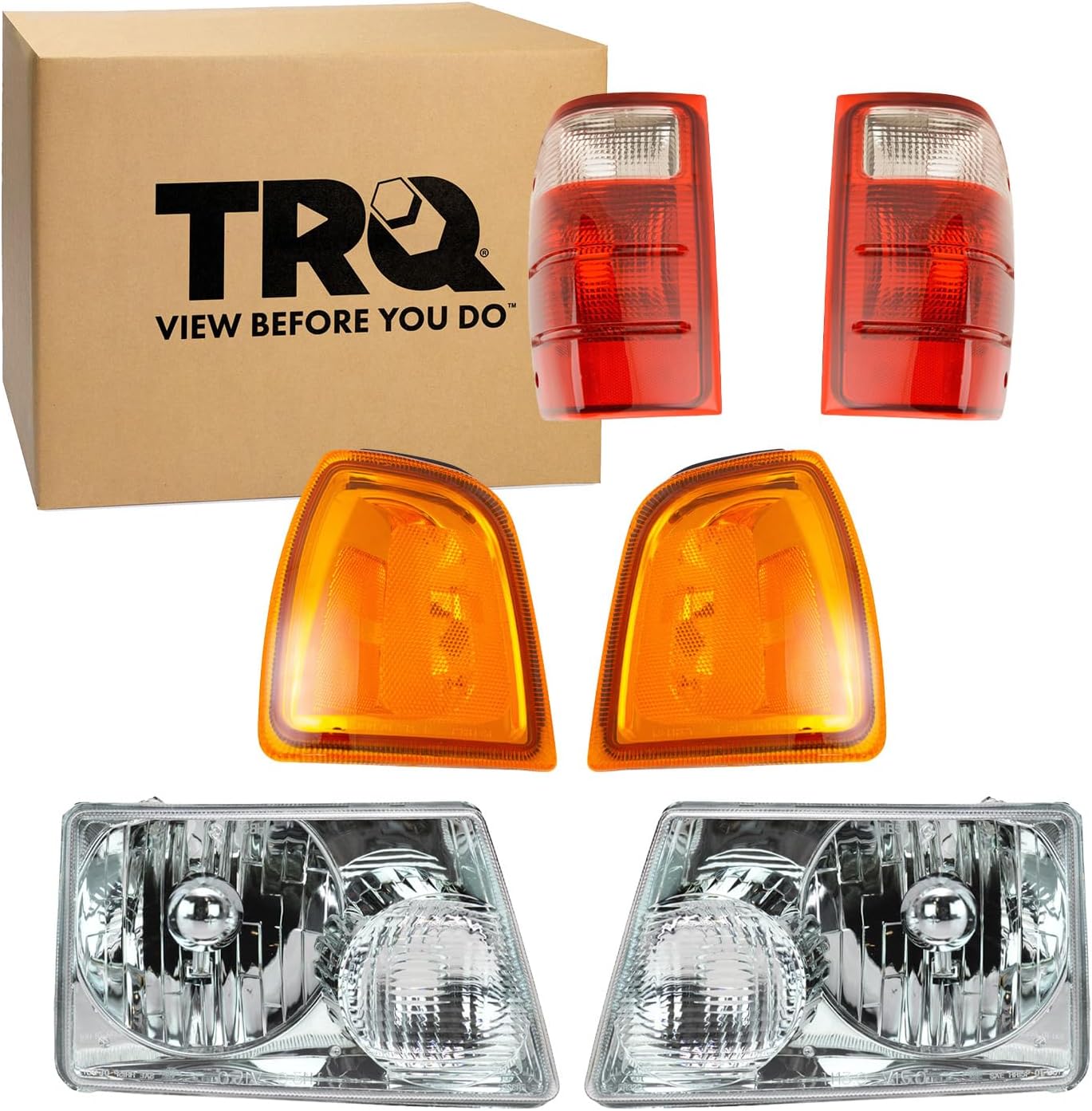 TRQ 6 Piece Driver & Passenger Side Headlight Front Corner Light Tail Light Assembly Set Compatible with 2001-2005 Ford Ranger FO2502173 FO2503173 FO2520168 FO2521168 FO2800127 FO2800156 FO2801156