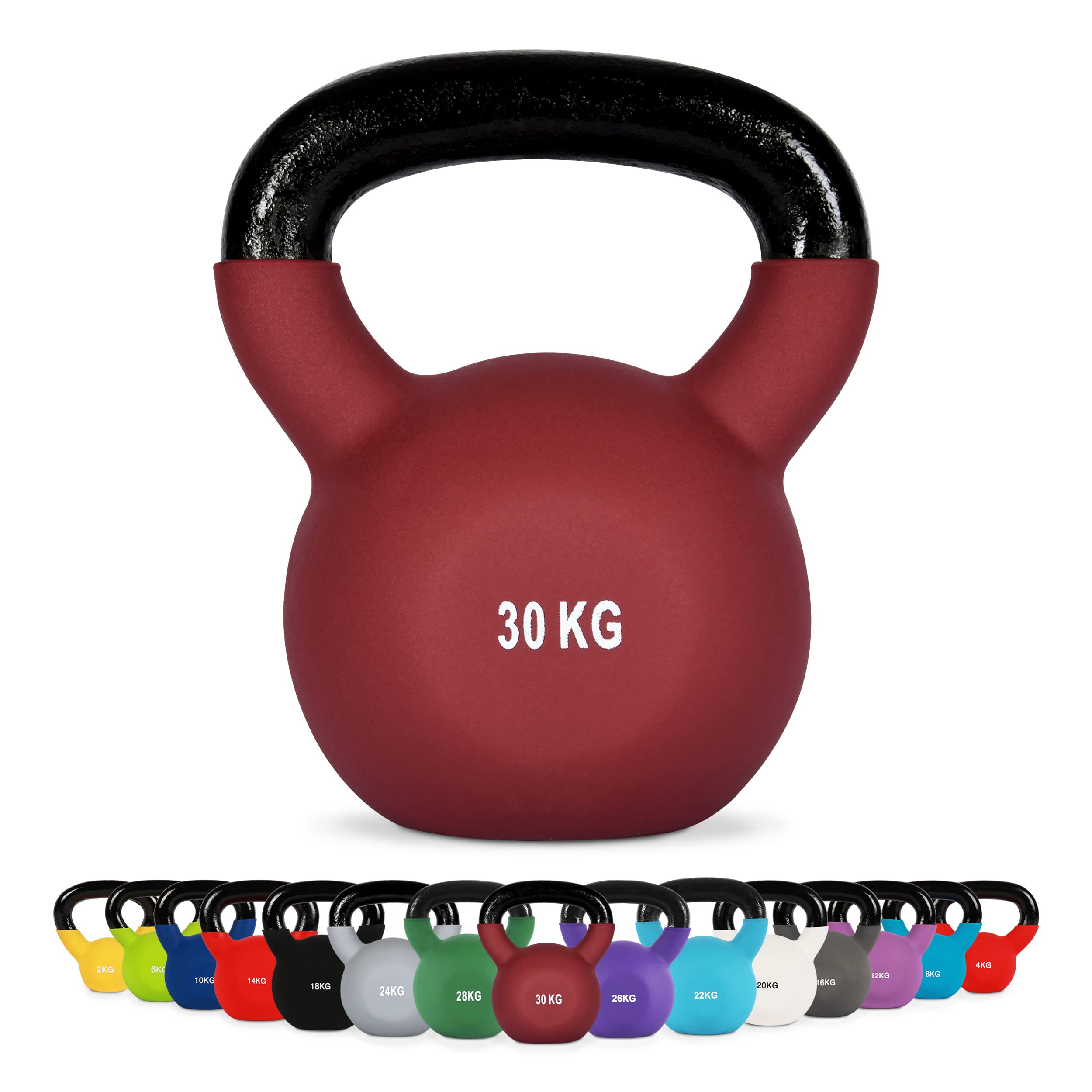 MSPORTS profesjonalne, neoprenowe hantle kettlebell, 2-30 kg, w zestawie Plakat z ćwiczeniami, hantle kettlebell 30 kg - Bordeaux