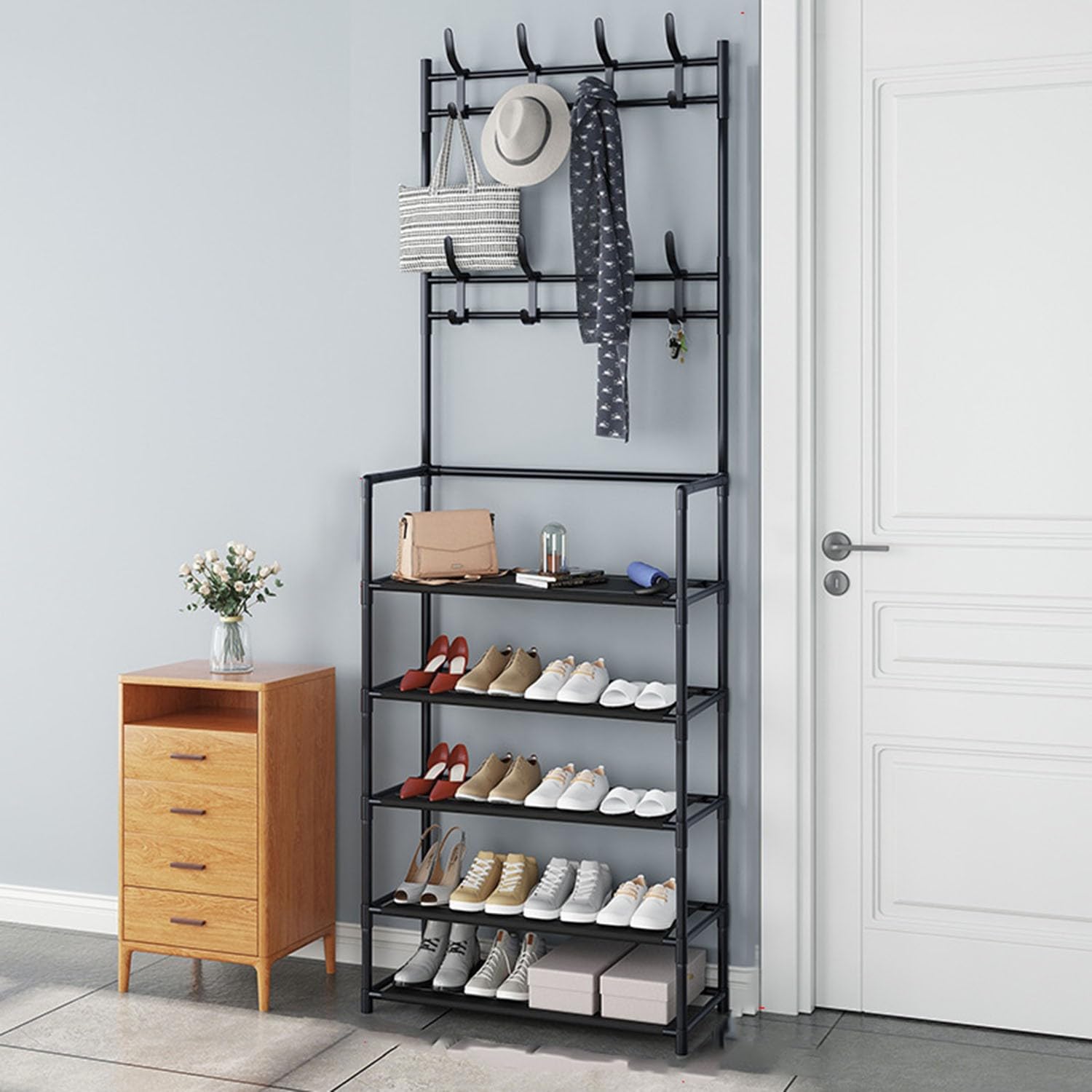 Porte-manteau et arbre à chaussures 2 en 1 meuble de rangement d'entrée autonome