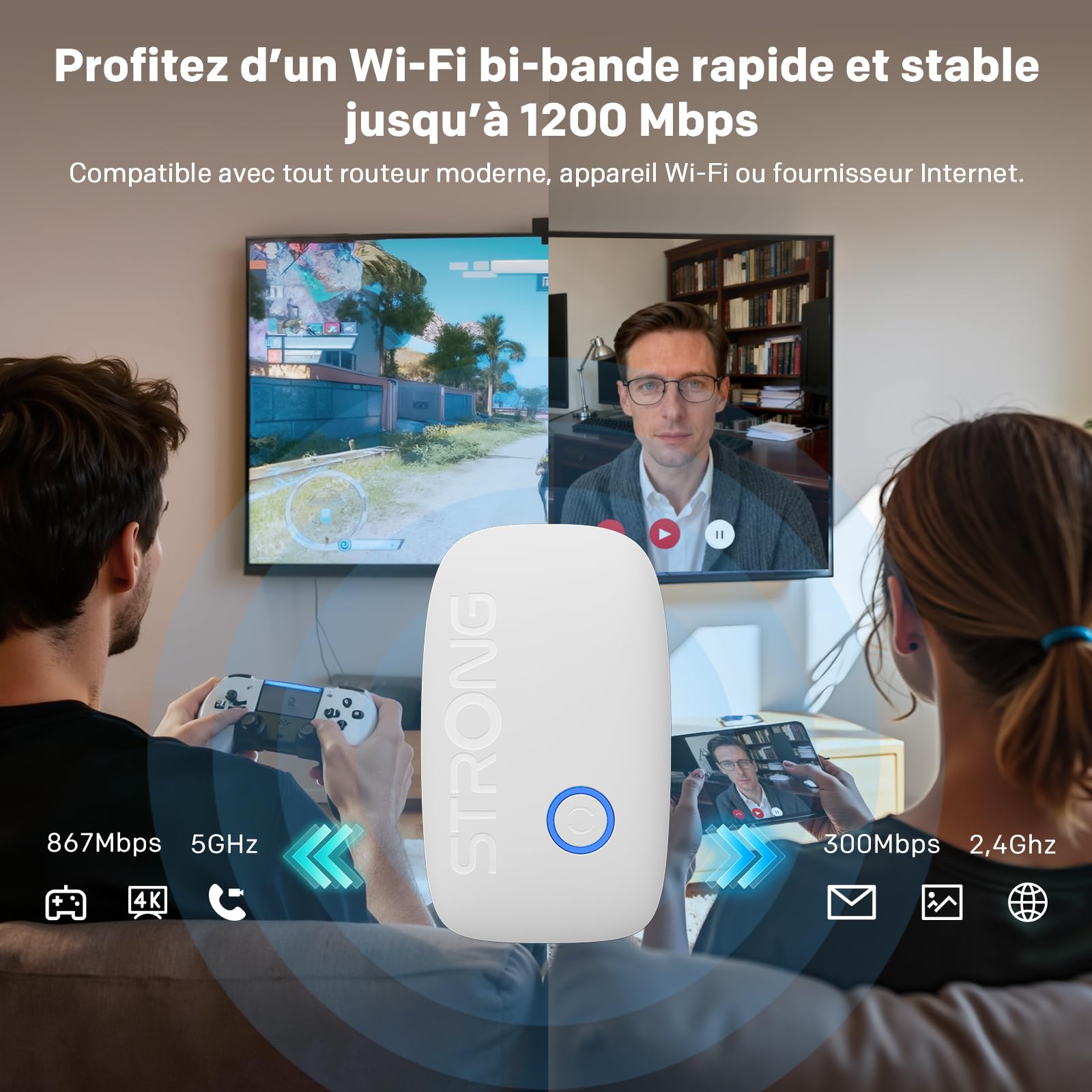 Strong Répéteur WiFi AC1200 pour Prise Murale – Amplificateur WiFi Puissant Dual Band, WiFi Repeater avec WPS, Port LAN, Mode Point d’accès, idéal pour Streaming et Plusieurs appareils
