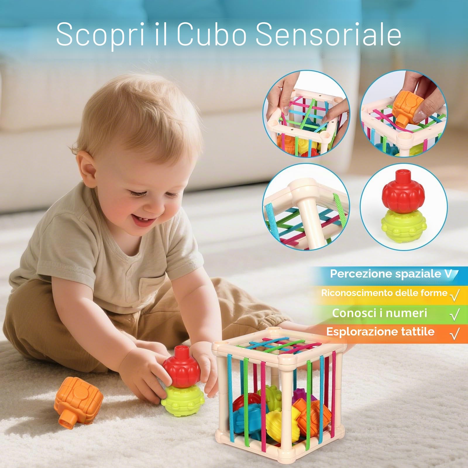 LearnToy Montessori Set Attività 7 in 1 per Bambini 18-36 Mesi - Giocattoli con Blocchi impilabili, Massaggiagengive e Gioco Sensoriale, Idea Regalo