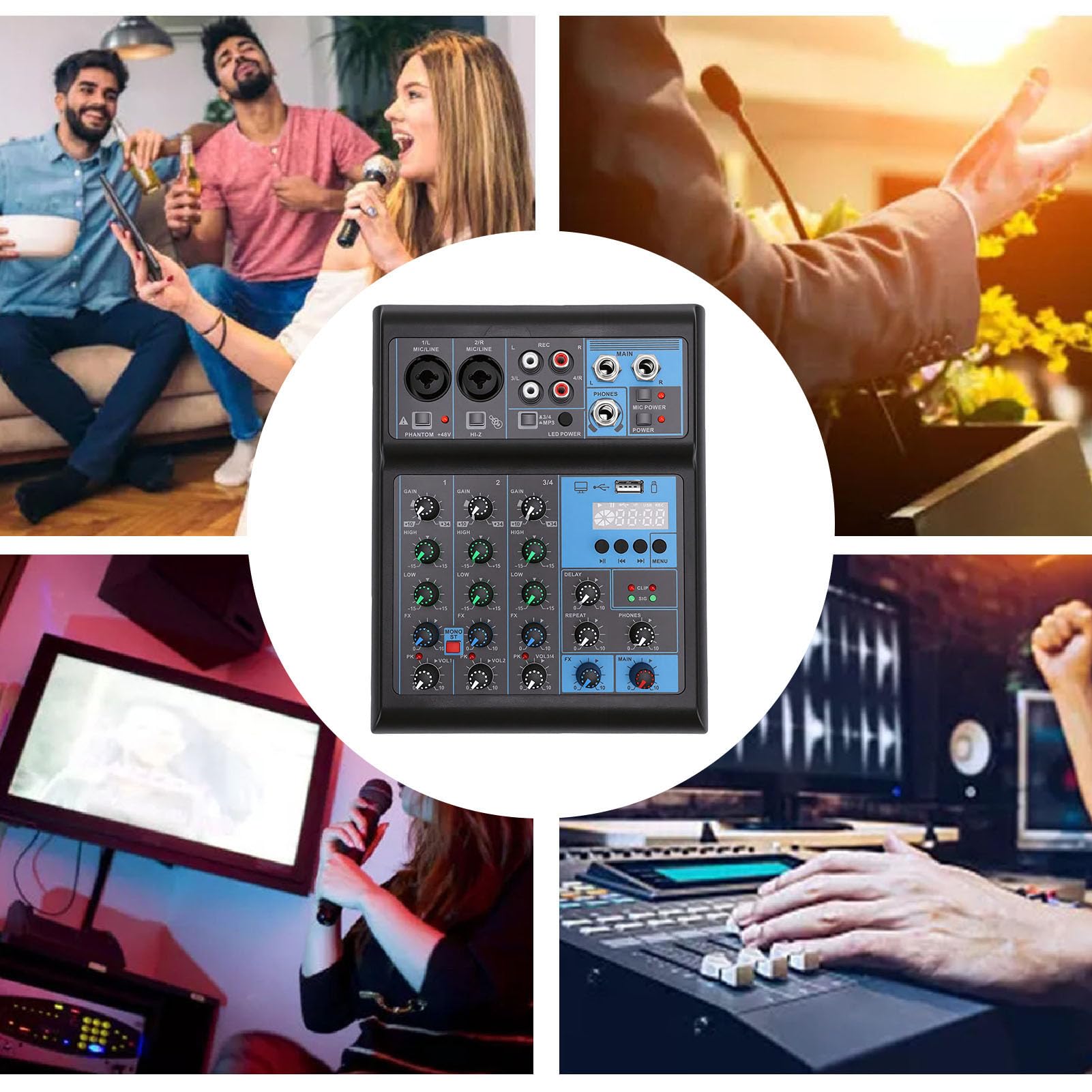 Fockety Mixer Audio con Doppi Microfoni, Scheda Audio Professionale a 4 Canali con Bluetooth, Ingresso USB MP3 e Alimentazione 48 V, Mixer DJ per Karaoke, Podcasting