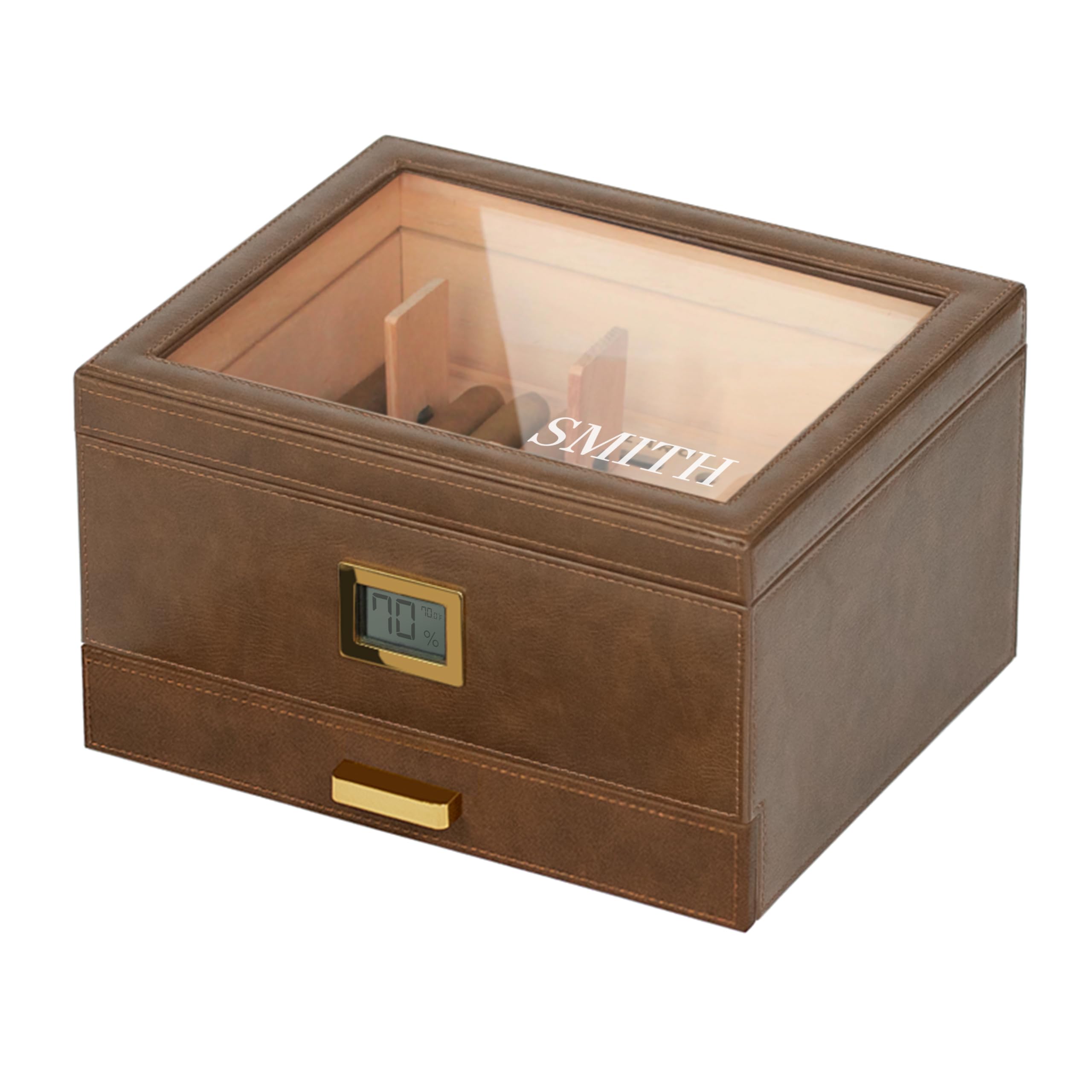 CASE ELEGANCE Monogrammiertes Belmont Glas-Top-Luftbefeuchtungssystem, dickes Zedernholz, genaues digitales Hygrometer, mit Leder umwickelt, Braun, hält 30-60 Zigarren