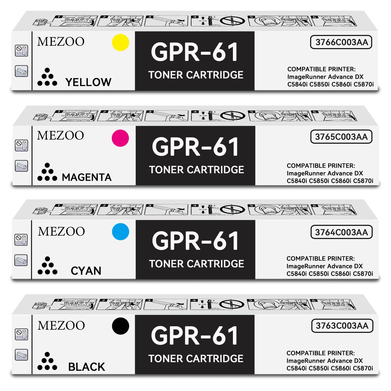 MEZOO GPR61 GPR-61 Toner Cartridge High Yield Compatible with Canon GPR-61 GPR61 Toner Cartridge Replacement for Canon ImageRunner Advance DX C5840i C5850i C5860i C5870i Printer(4-Pack,BK/C/M/Y)