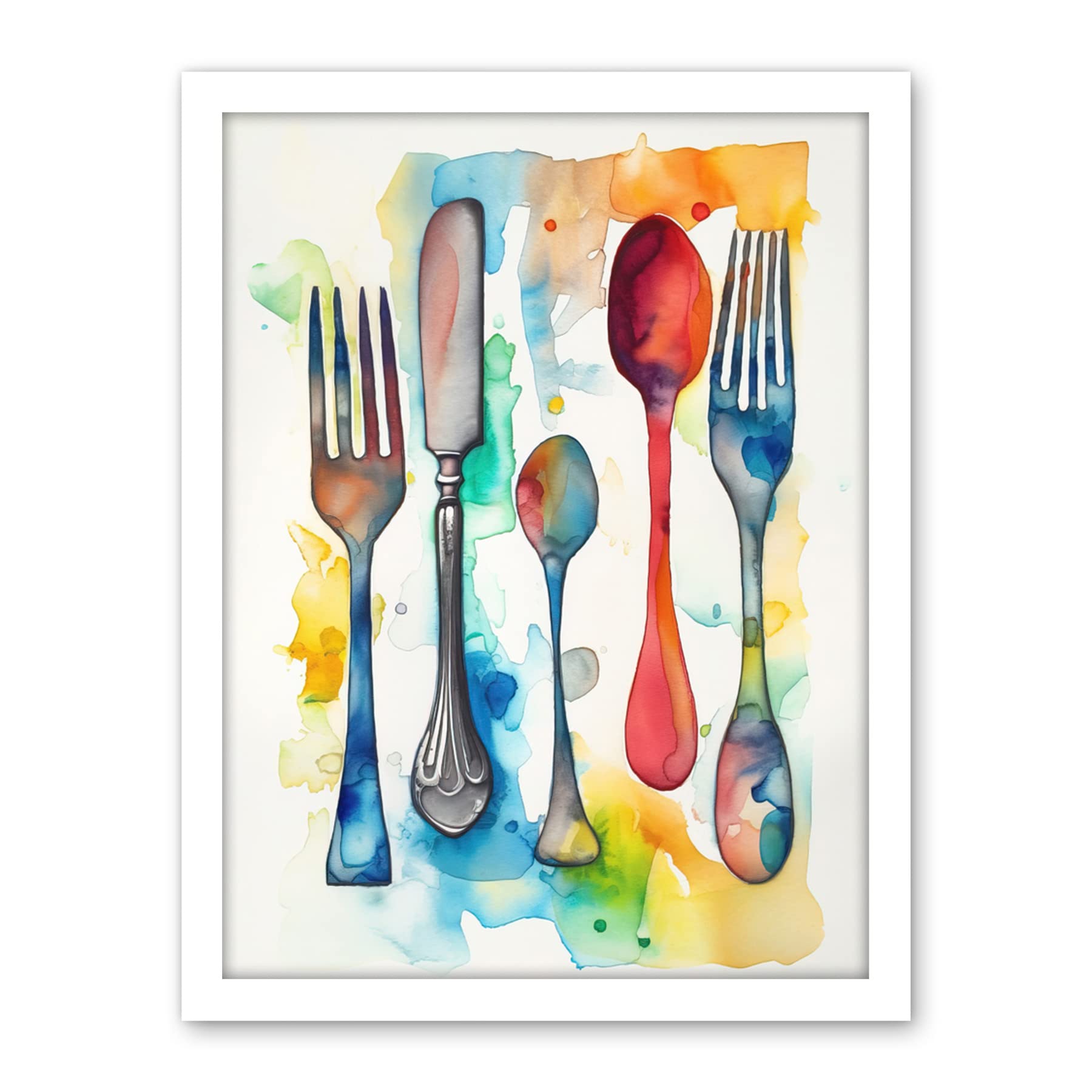 Artery8 Cutlery Forks Spoons And Knife Watercolour Painting Artwork Framed Wall Art Print 18X24 Inch