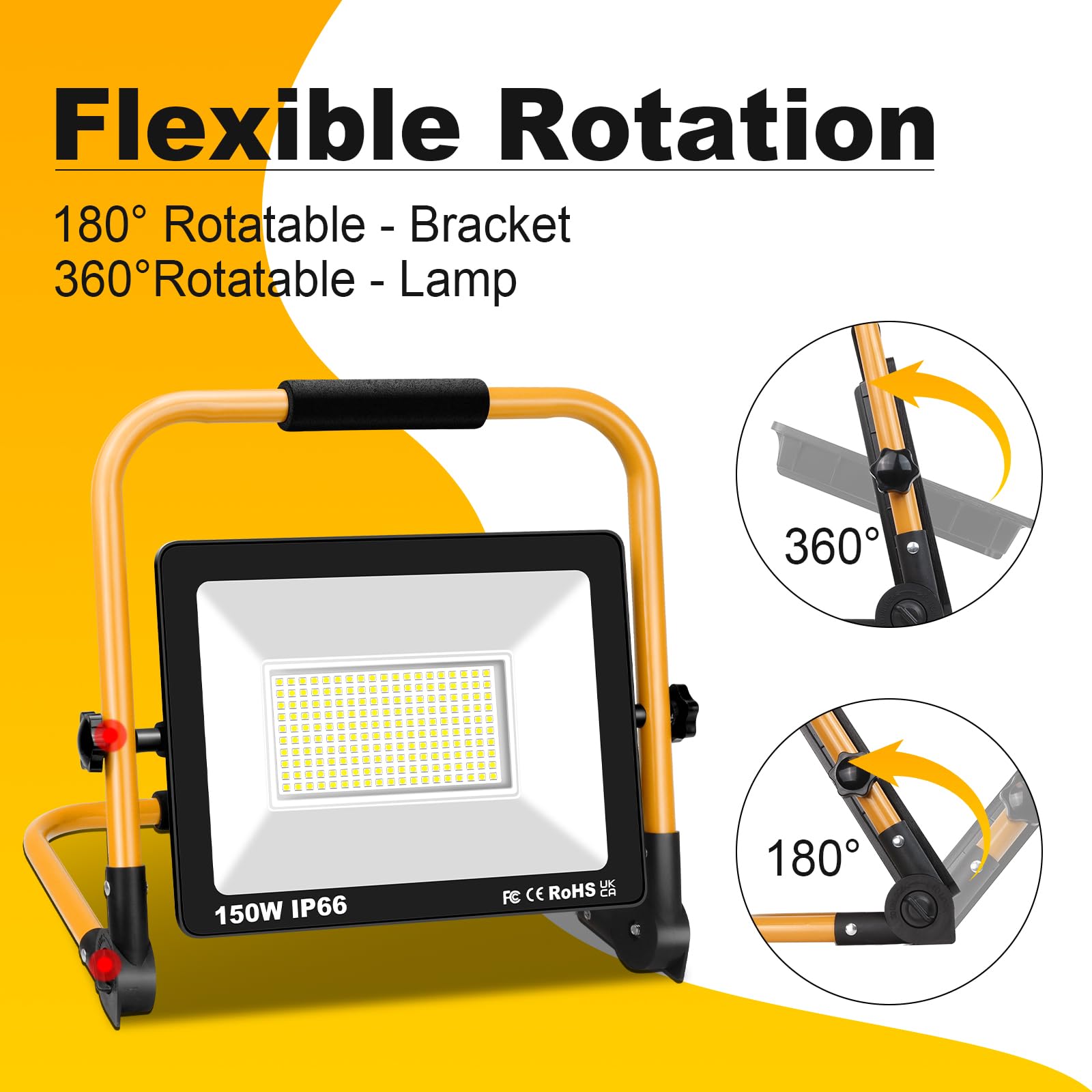 RIGIDON 150W Faretto LED da Cantiere, 15000LM Faro LED Portatile con Cavo 3M Rotazione 180° con Staffa Pieghevole Lampada da Lavoro Proiettore LED Impermeabile per Esterno Lavori Officina e Garage
