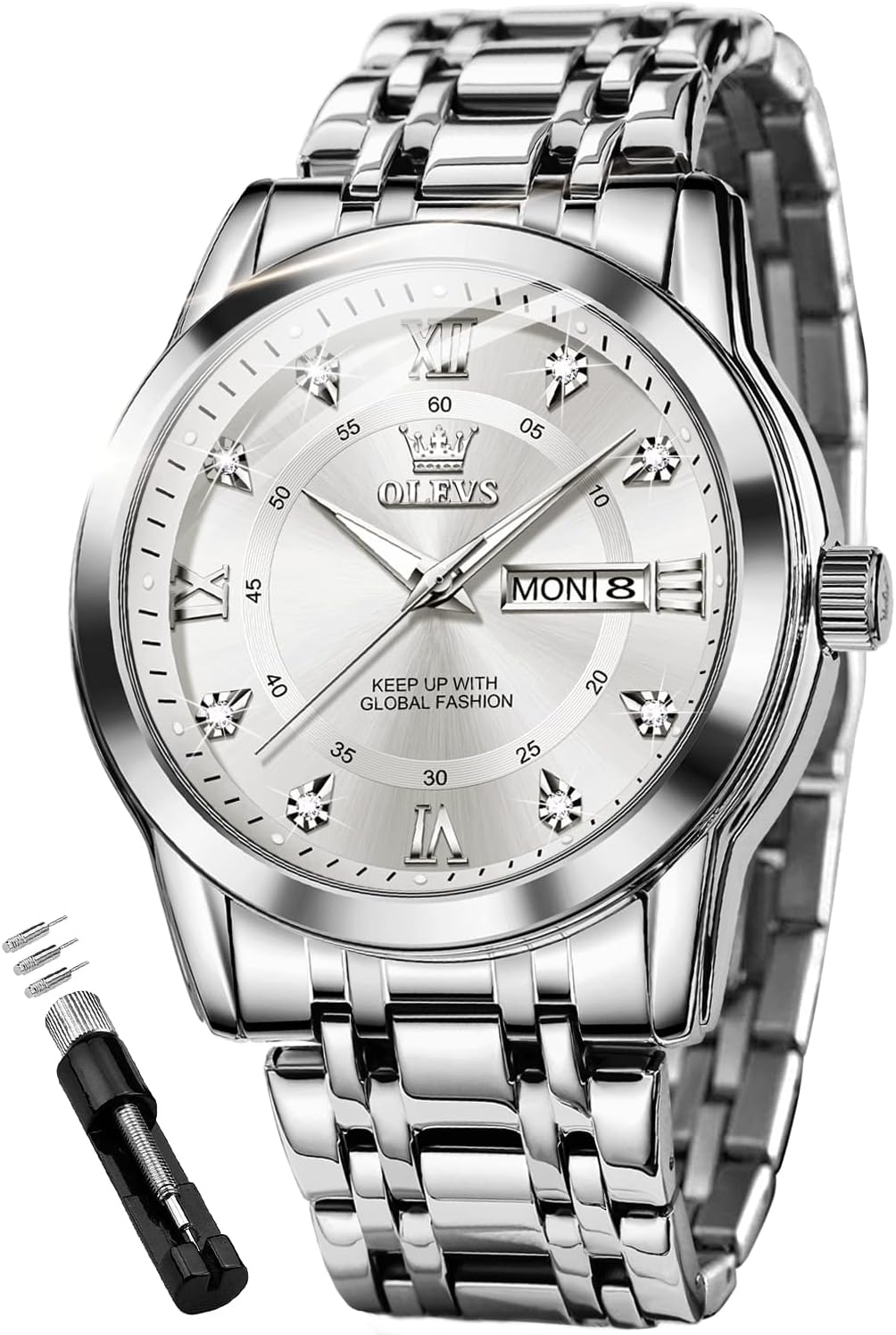 OLEVS Mens Diamond Watch Luxury Business Dress Wrist Watches Quartz Stainless Steel Waterproof Luminous Day Date