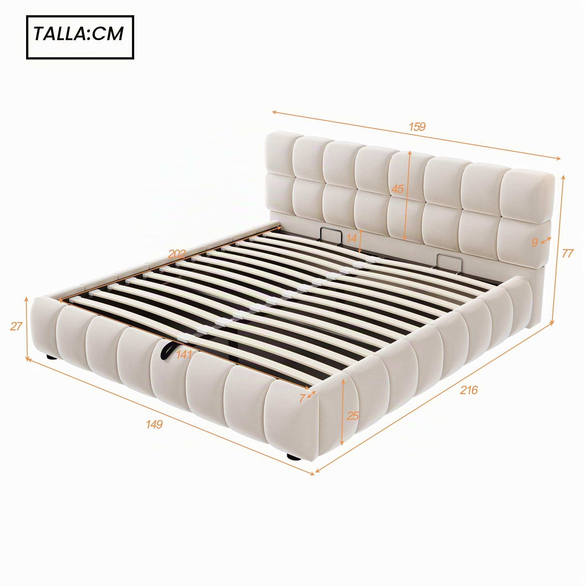 Cama tapizada de 140 x 200 cm, cabecero y laterales de cama con forma sólida y voluminosa, equipada con función de almacenamiento hidráulico, colchón integrado, cama doble, tela de terciopelo, sin