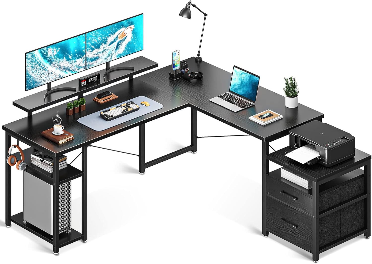 ODK L Shaped Desk with Drawers, 59" Computer Desk with File Drawer