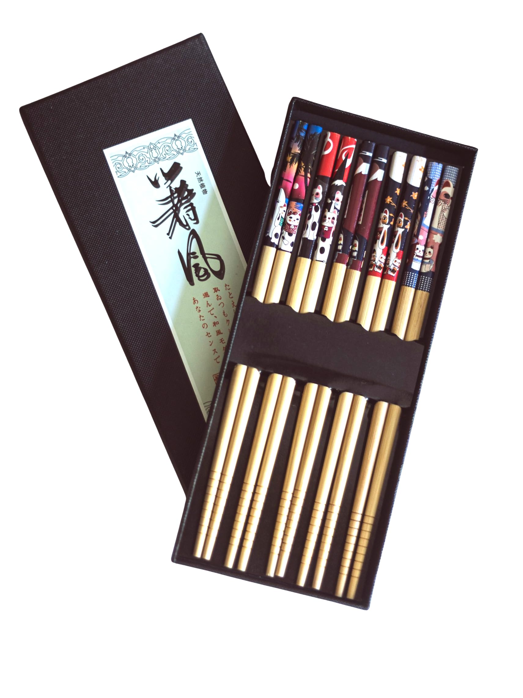 5 Pairs Fortune Cat Premium Bamboo Chopsticks Gift Set - Japanese Chinese Style Chopsticks with Elegant Gift Box for Noodles, Sushi, Asian Dining & Housewarming