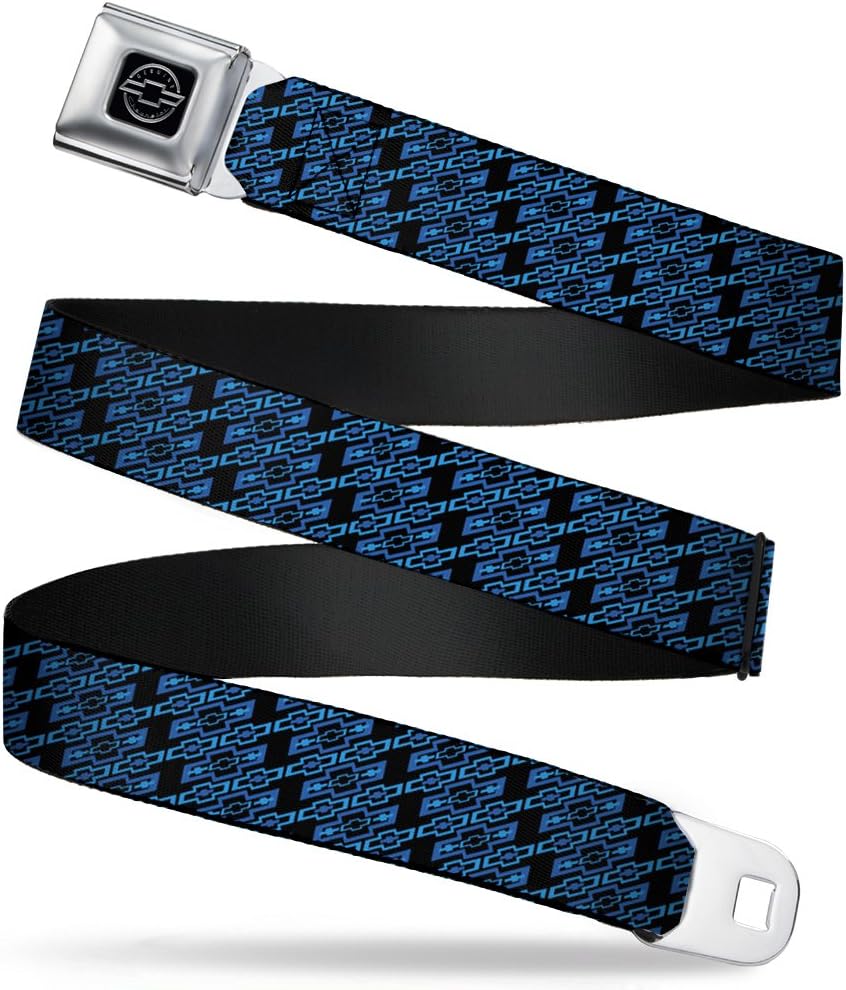 Buckle-Down Seatbelt Belt - Diagonal Retro Chevy Bowtie Monogram Black/Blues - 1.0" Wide - 20-36 Inches in Length