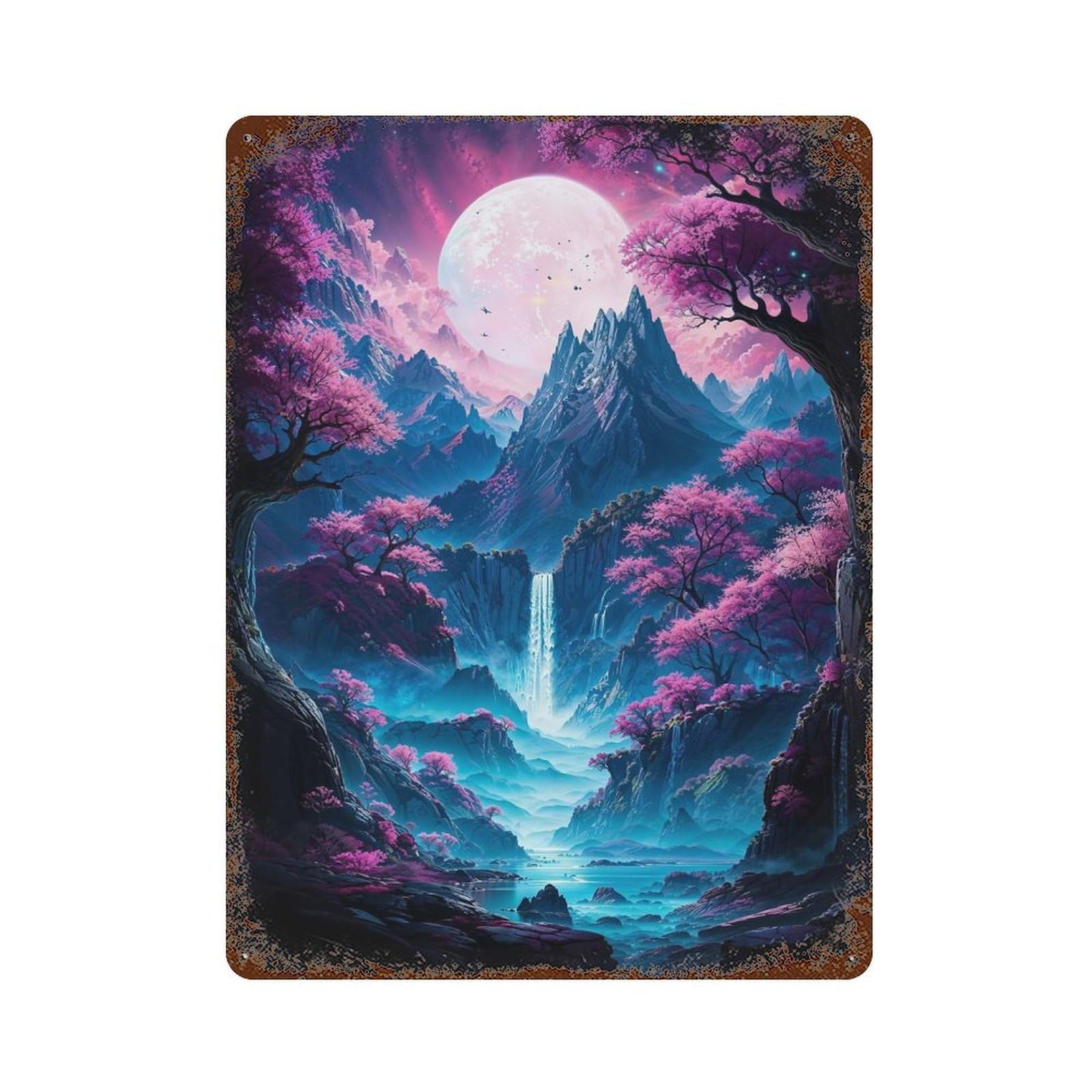 Neon Sakura Mountain Falls Rustic Tin Plaque 15.7"x11.8", Ideal for Shed, Workshop And Garage Wall Decor