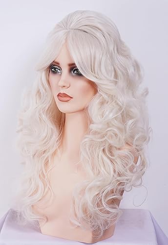 NJJYXH 22 Inches Retro Beehive Platinum Blonde Wigs for Women Long Wavy Wig with Bangs Synthetic Natural Wig for 60s 70s 80s Cosplay,Halloween,Daily Use - Platinum Blonde