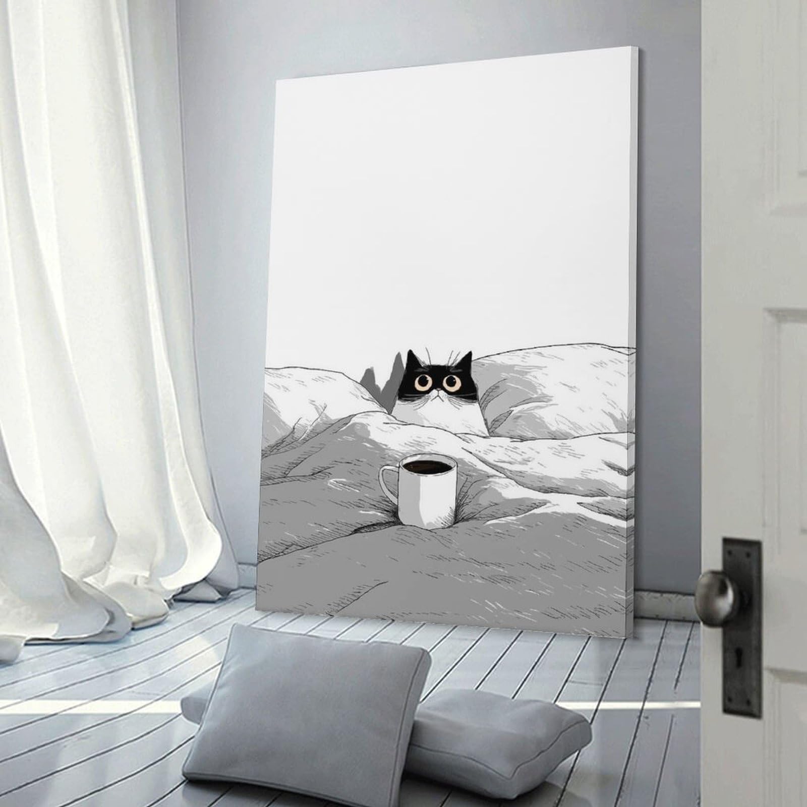 Junmoney Wall Art Print Cat in Bed with Coffee, 20x30inch(50x75cm), for Hallway, Bedroom Or Modern Interiors, Thoughtful Wall Decor for Art Lovers