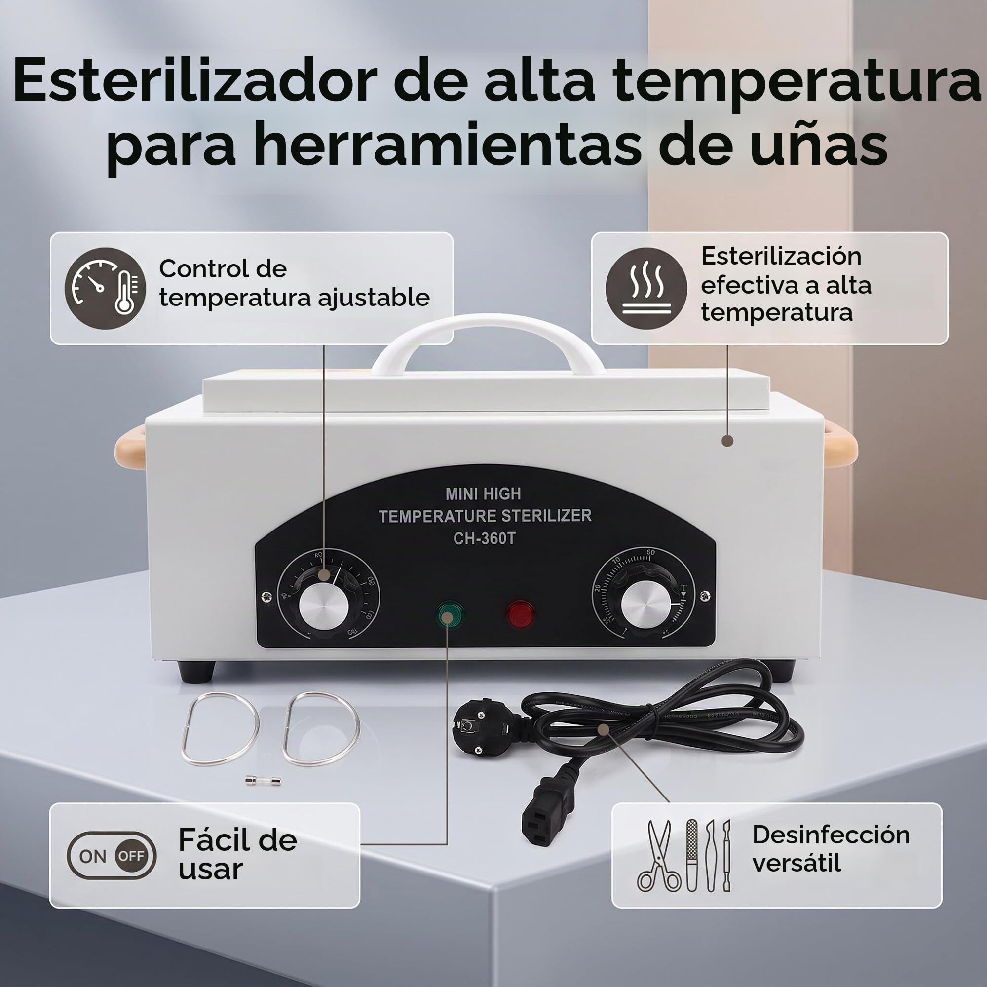 Esterilizador Manicura de Aire Caliente para Manicura y Pedicura, Autoclave Esterilizador Profesional 300W, Temperatura 220℃, con Temporizador