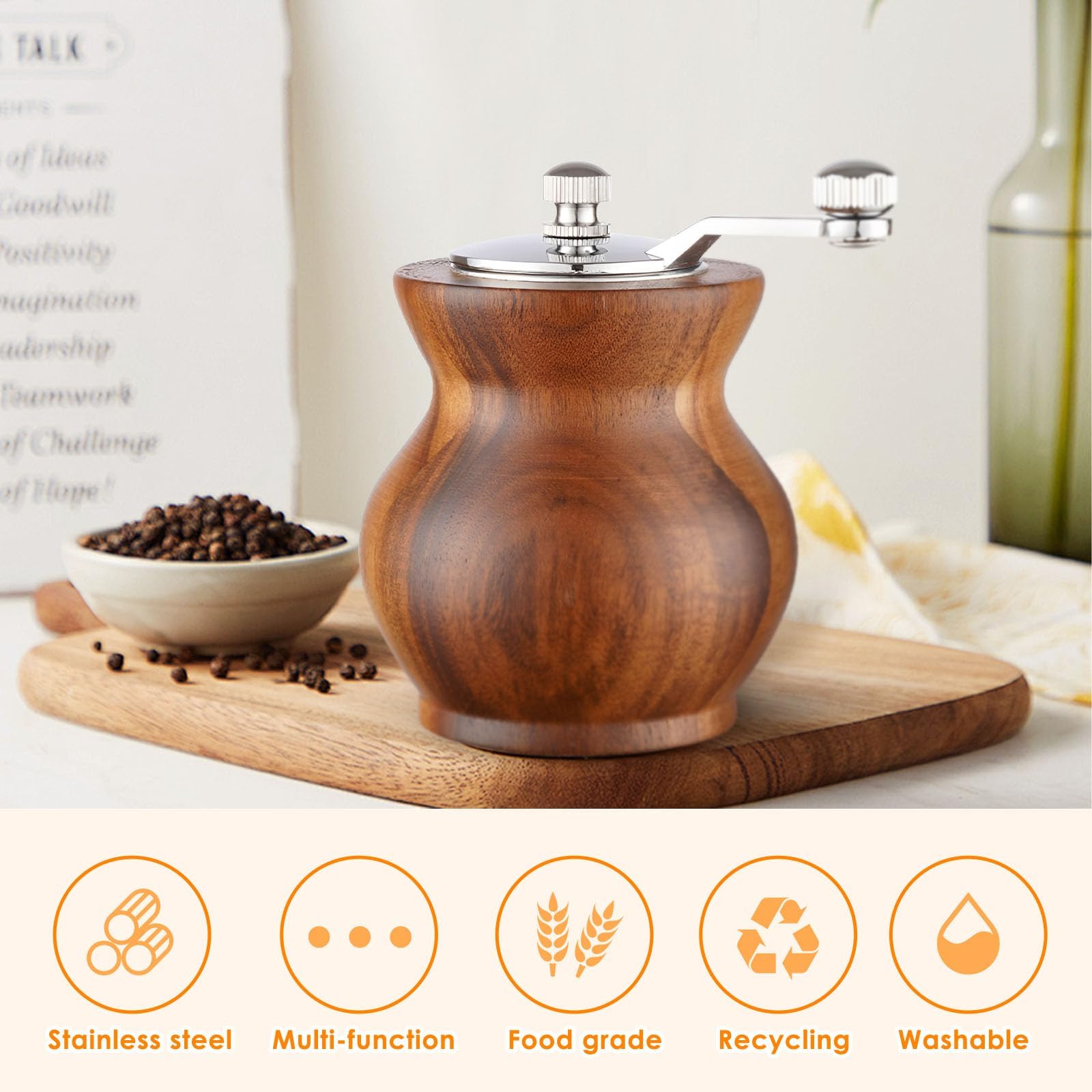 Molinillo de pimienta, molinillo de pimienta de madera clásico para cocina, molinillo de pimienta manual de madera y acrílico, molinillo de sal de manivela con grosor ajustable, ideal para 4