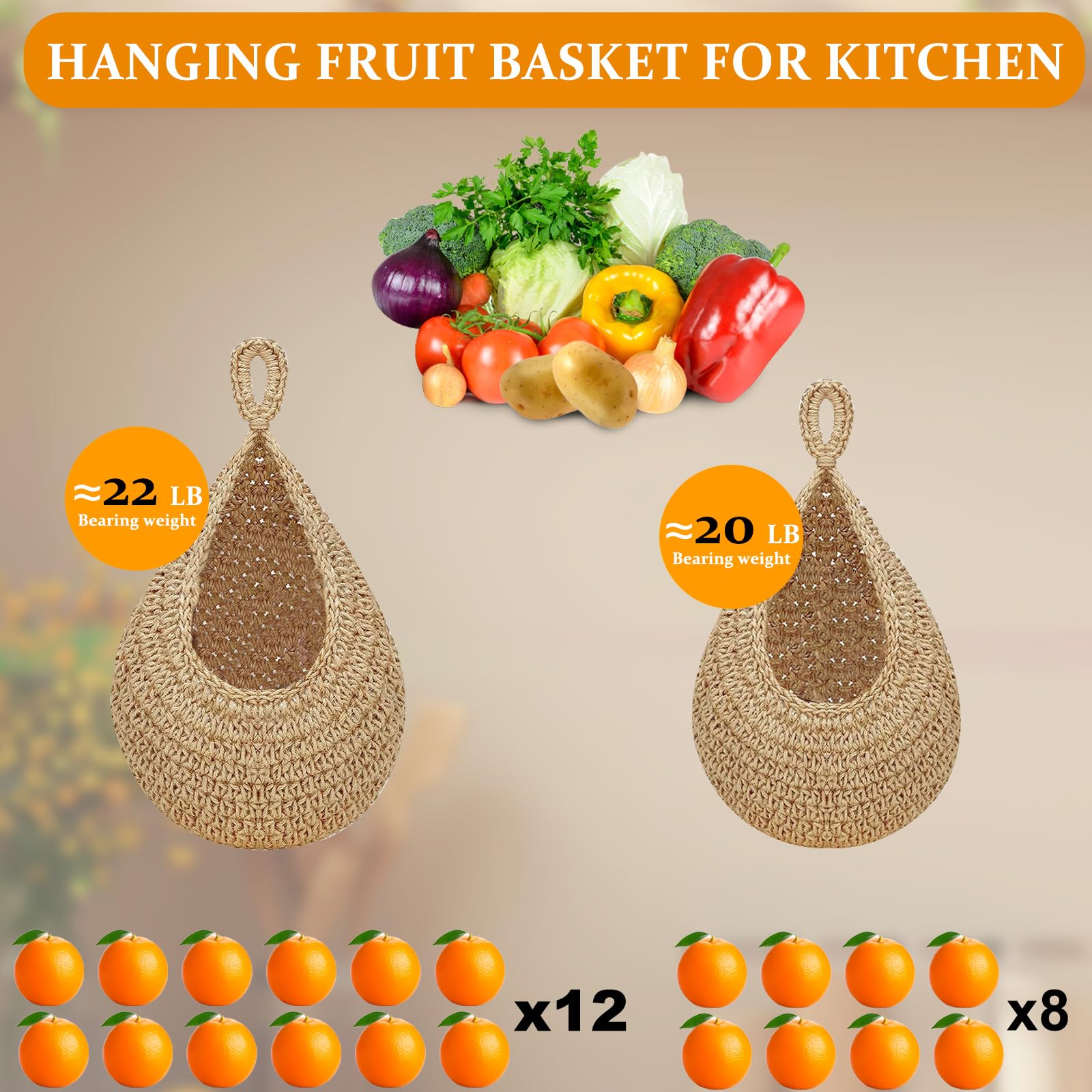 MKO SHUN Hanging Fruit Basket Set – Boho Jute Storage For Kitchen & Decor