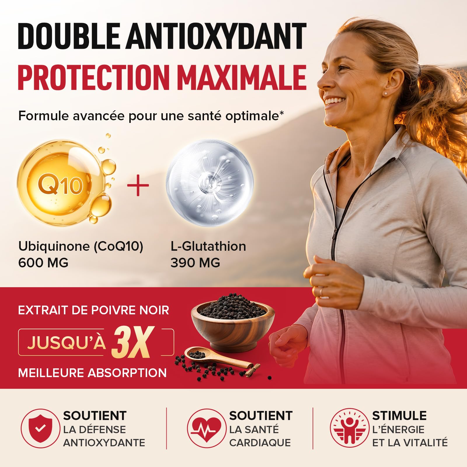 CoQ10 avec L-Glutathion 1000mg Gélules - 100% Coenzyme Q10 Fermentée, Q10 Coenzyme Hautement Dosée, Antioxydant Co Enzyme Q 10, Sans Soja, Sans Gluten,Végétalien