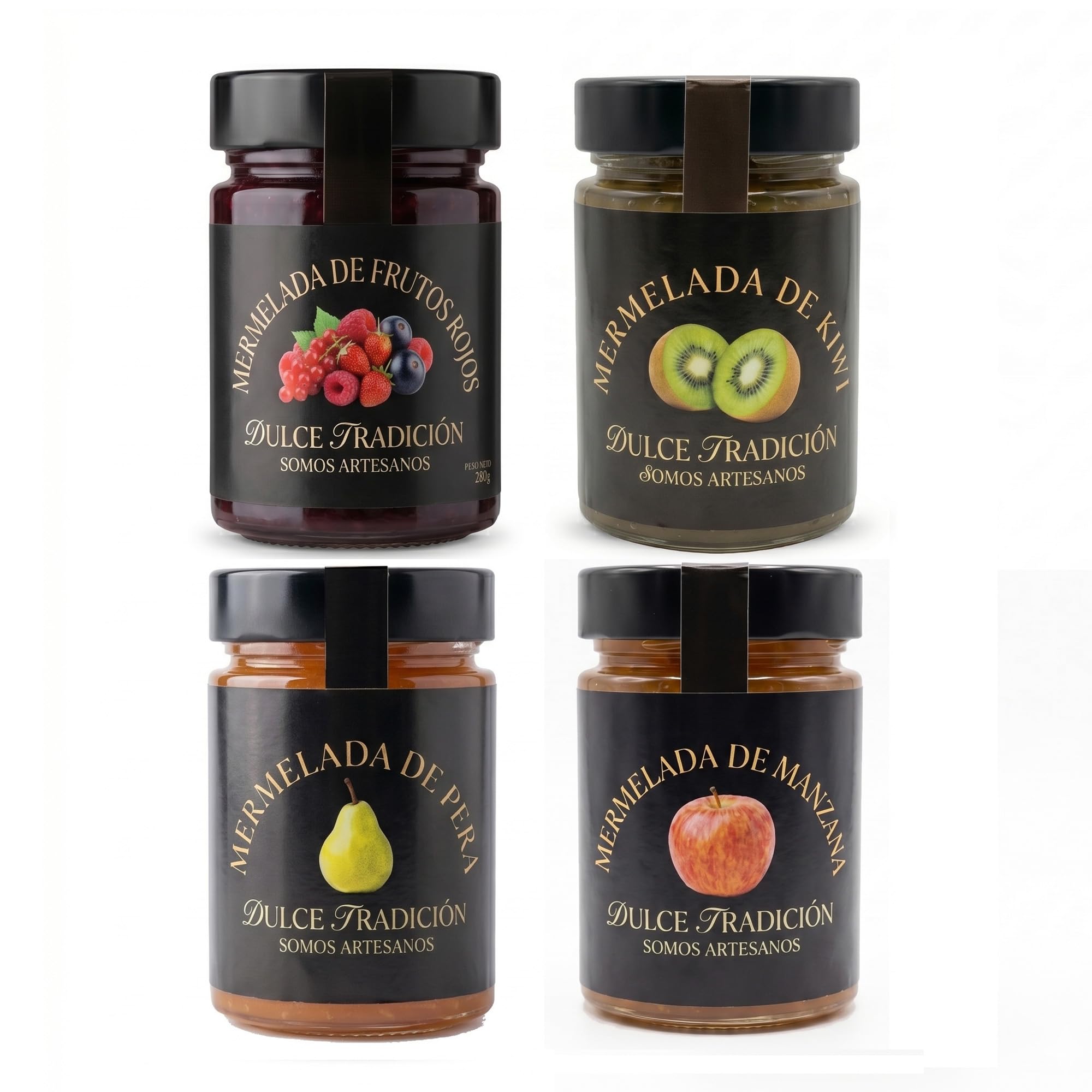 Confiture Dulce Tradición. Fabrication artisanale. Lot de 4 pots de 390 gr. Fruits rouges, kiwi, pomme et poire. 63% de fruits frais de saison. Sans conservateurs ni colorants.