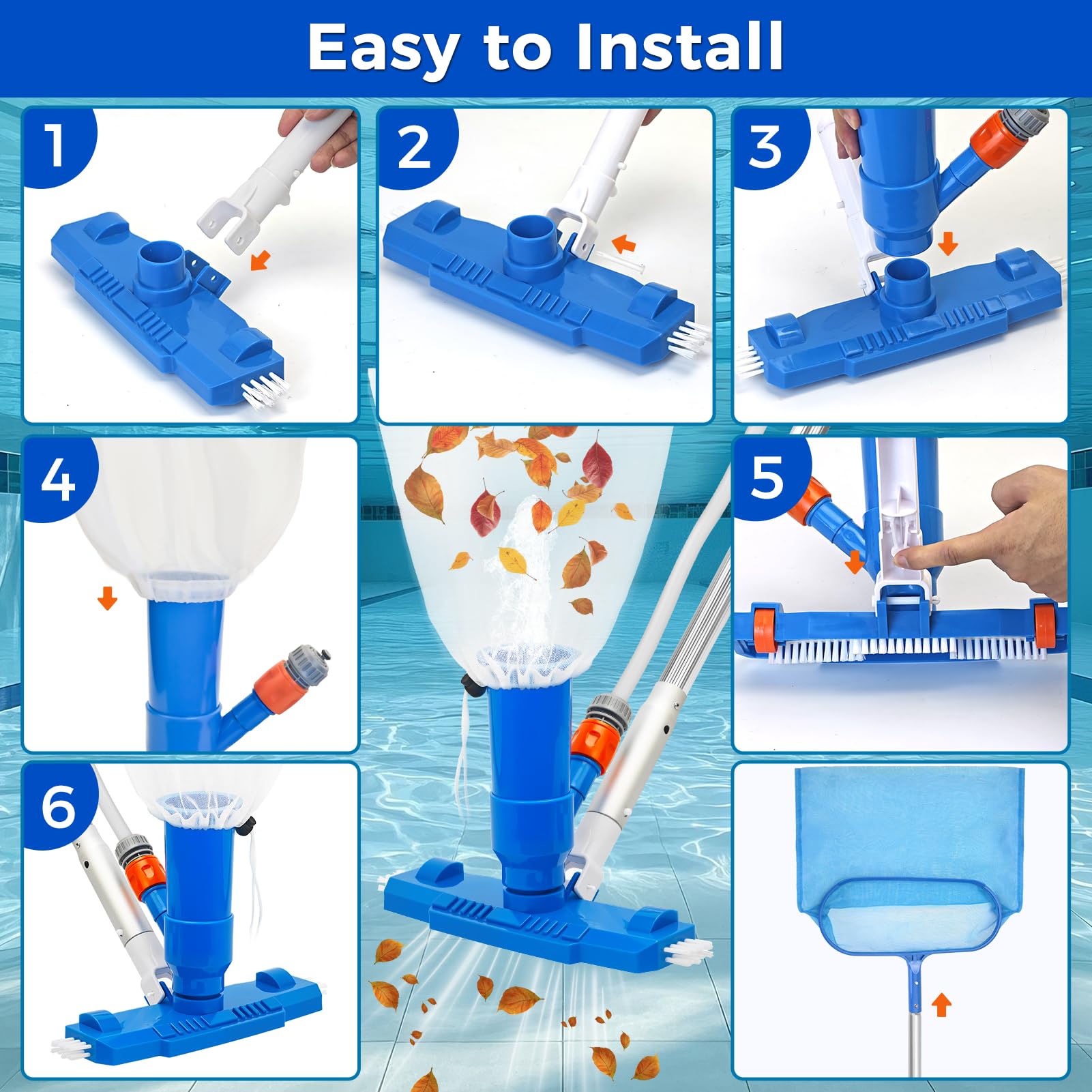 1.4m Pool Cleaning Kit, Swimming Pool Vacuum Cleaner with 5 Pole Sections, Pool Maintenance Kits with Pool Nets, Pond Vaccum Cleaner with Large Capacity Skimmer Net, Hot Tub Vac to Clean Dirty — view 8