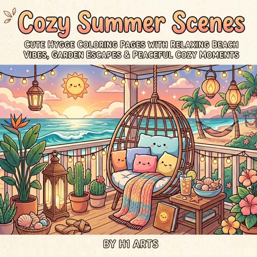 Cozy Summer Scenes: Cute Hygge Coloring Pages with Relaxing Beach Vibes, Garden Escapes & Peaceful Cozy Moments