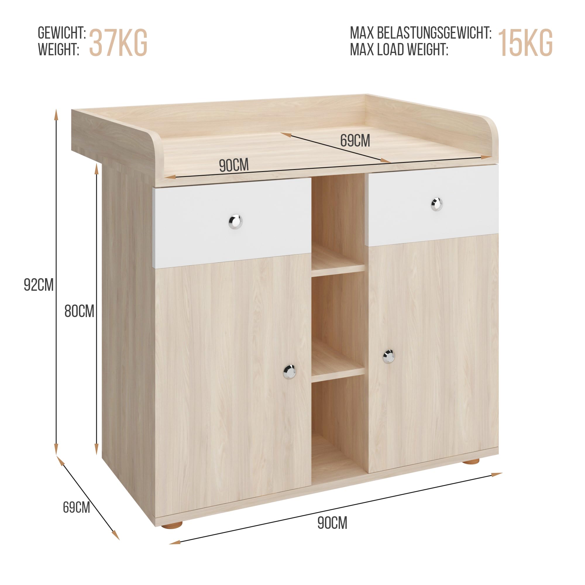 Infantastic® Cómoda Cambiador para Bebé - con 2 Cajones y Compartimentos Abierto y Cerrados, 90 x 69 x 92 cm, Roble/Haya - Cómoda Infantil, Organizador, Mueble para Habitación de los Niños (Haya)
