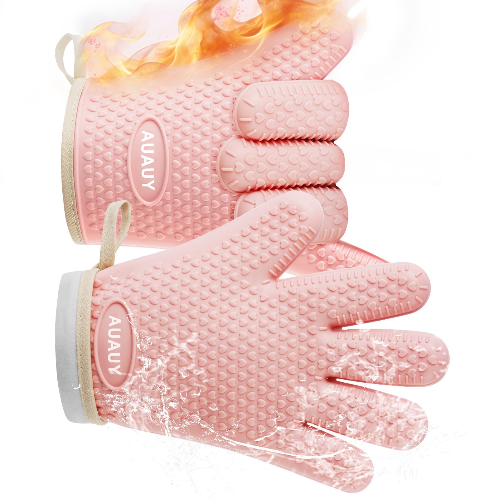AUAUY 1 Pair Silicone Oven Gloves, Silicone & Cotton Double Layer Heat Resistant 446°F BBQ Gloves with Fingers, Non-Slip Kitchen Cooking Oven Gloves for Grilling Kitchen Baking Oven Microwave, Pink