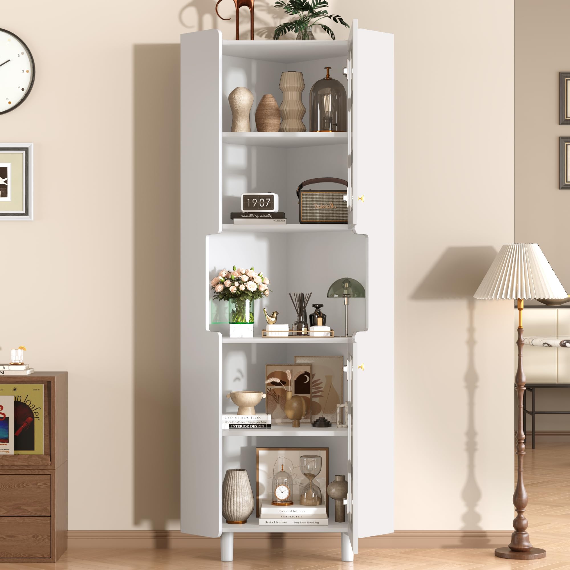 BTM Weißer Eck-Schrank mit Lackschicht & LED-Beleuchtung – Multifunktionale Ecken-Kommode für Wohnzimmer, Bücherregal, Badezimmer, Schlafzimmer, Esszimmer, MDF-Platte weißer Lackoberfläche