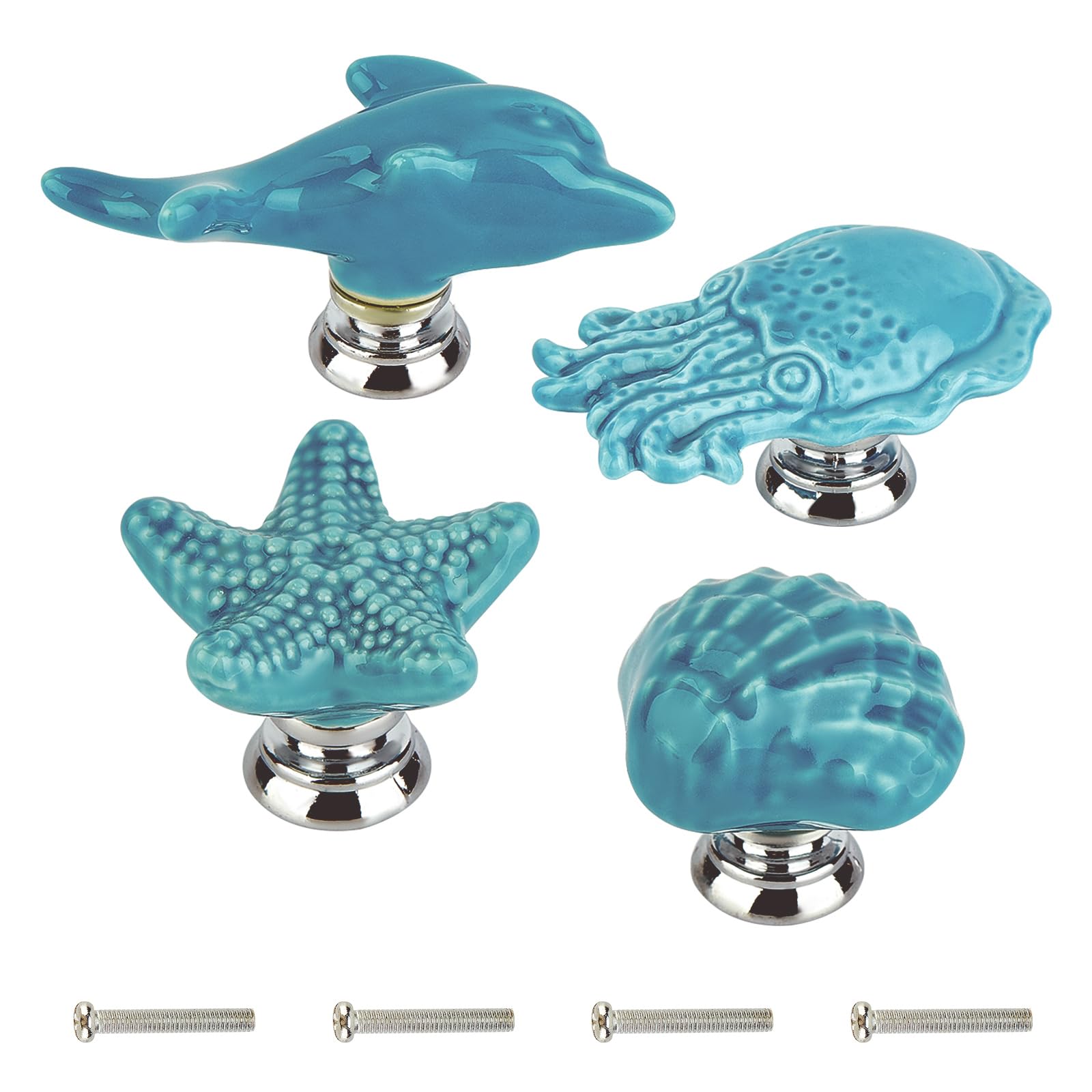 GORGECRAFT 4Sets Starfish Octopus Shell Dolphin Ceramic Cabinet Knobs Marine Animals Theme Ocean Cartoon Style Handmade Dresser Knob Drawer Pulls for Cupboard Kitchen Wardrobe Furniture (Blue)