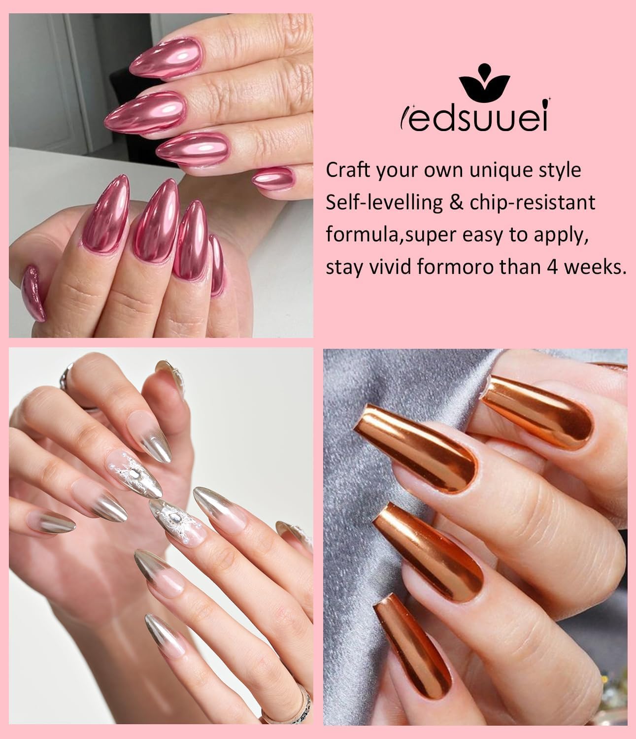 6 chromowanych paznokci w proszku do paznokci, chromowany proszek, metaliczne lustro, holograficzny pigment chromowany, efekt perłowy, puder do manicure i zdobienia paznokci