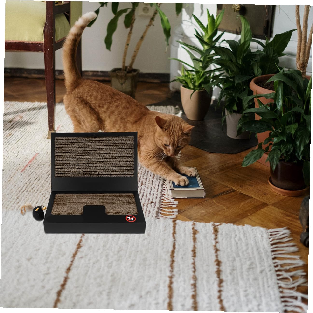 Rascador para Gatos con Forma de Portátil, 1 Juego Negro | Cartón Ondulado, Diseño Equilibrado y Portátil, Incluye Varita Teaser para Uso en Casa