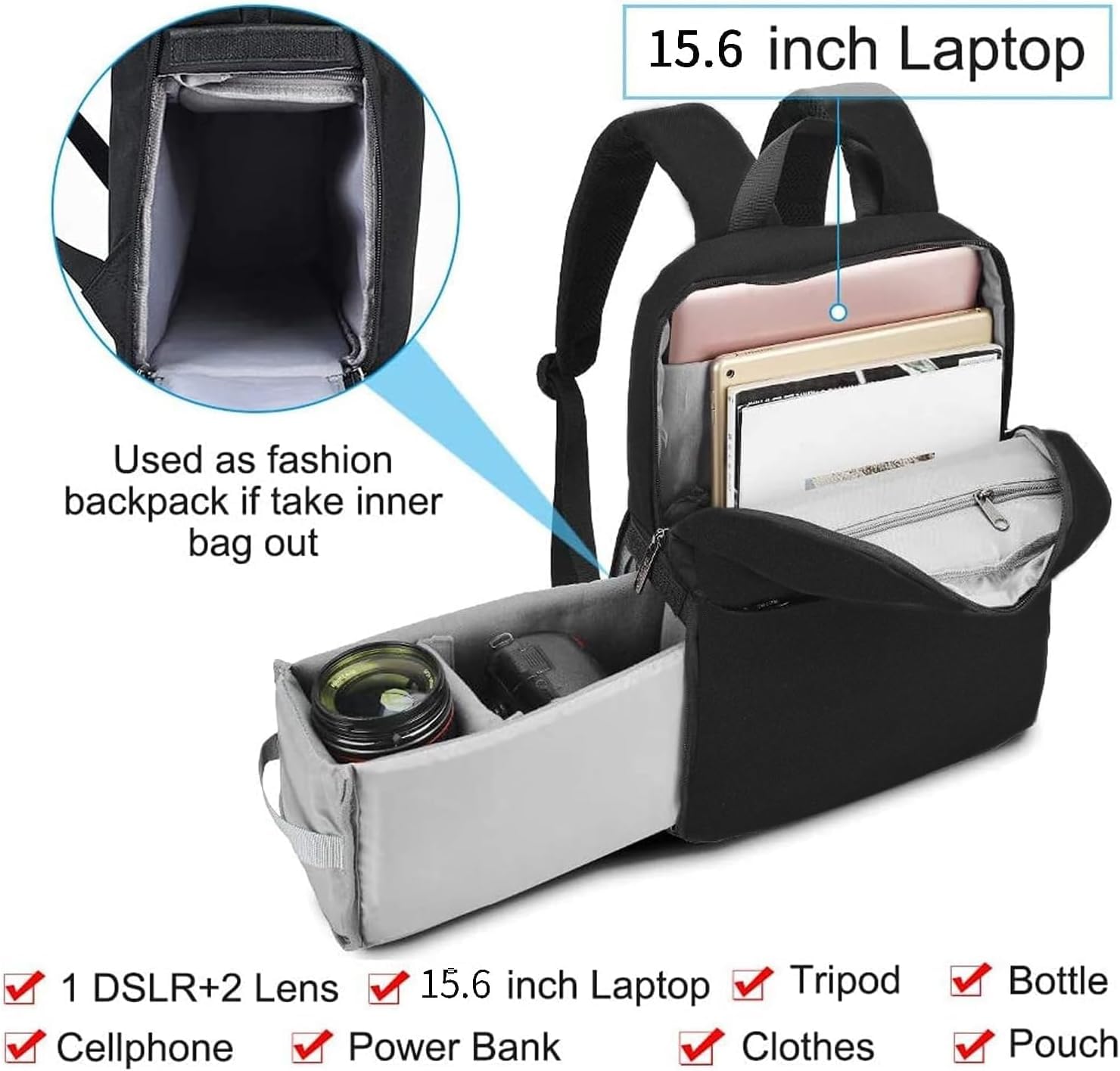 Kamerarucksack, CADeN Wasserdicht Kameratasche Dual Use SLR Bag Diebstahl Fotorucksack Kompatibel mit spiegelreflexkamera Canon Nikon Sony Stativ(Schwarz)