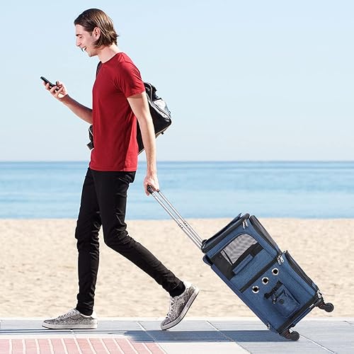 Miniatura 7 de Mochila transportadora de mascotas de doble compartimento con ruedas para gatos pequeños y perros, transportador rodante para 2 gatos, perfecta para