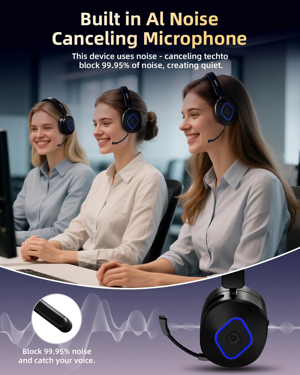 Wantek Cuffie wireless con microfono – 45+ Playtime Bluetooth o USB Dongle per PC, connessione multipunto a computer e cellulare, cuffie on-ear cablate o wireless per