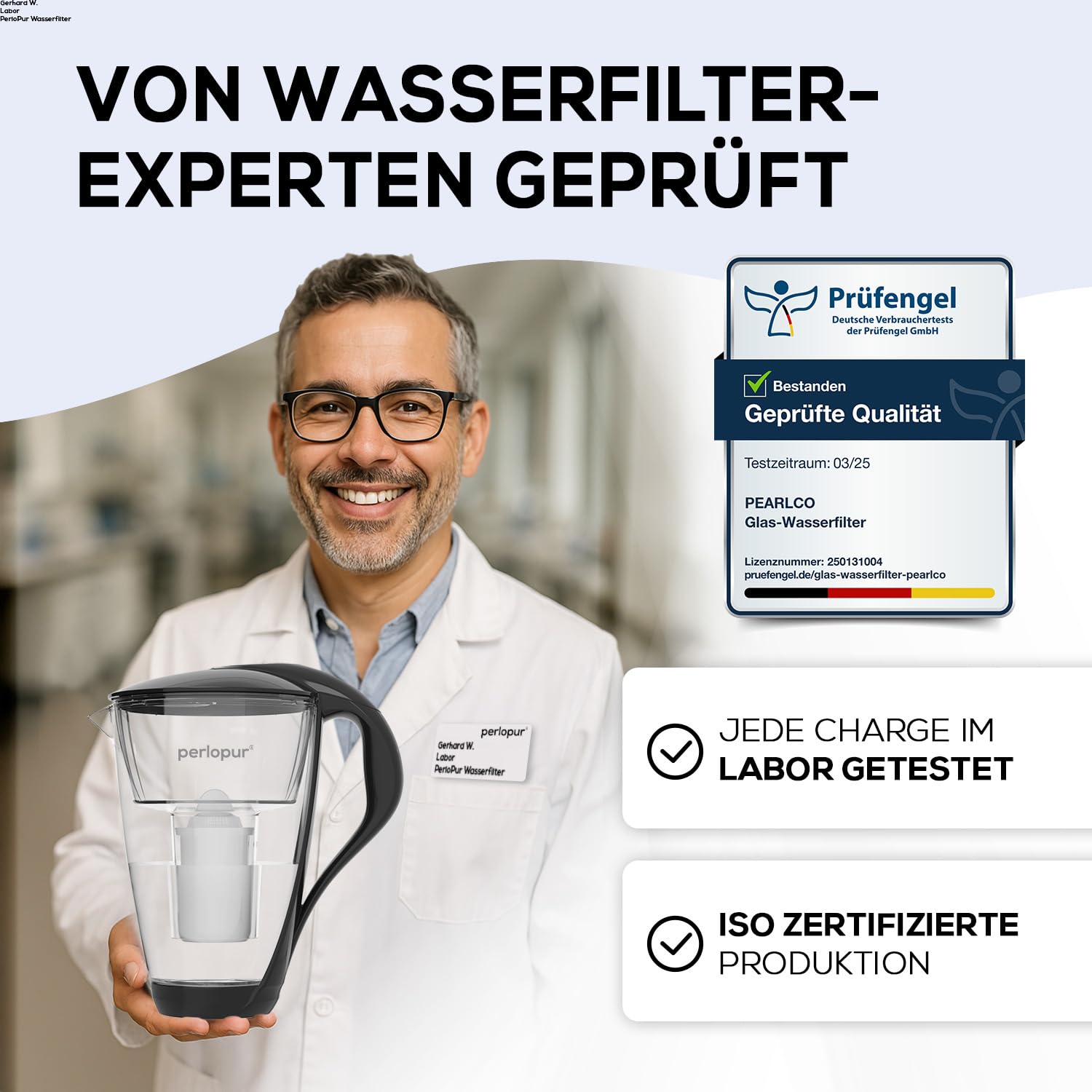 Glas-Wasserfilter (weiß) +1 Filterkartusche Alkaline | Borosilikatglas, 2 l gesamt, 1 l gefiltert, LED-Anzeige, für classic Kartuschen, hebt den pH-Wert an, für basisches Wasser