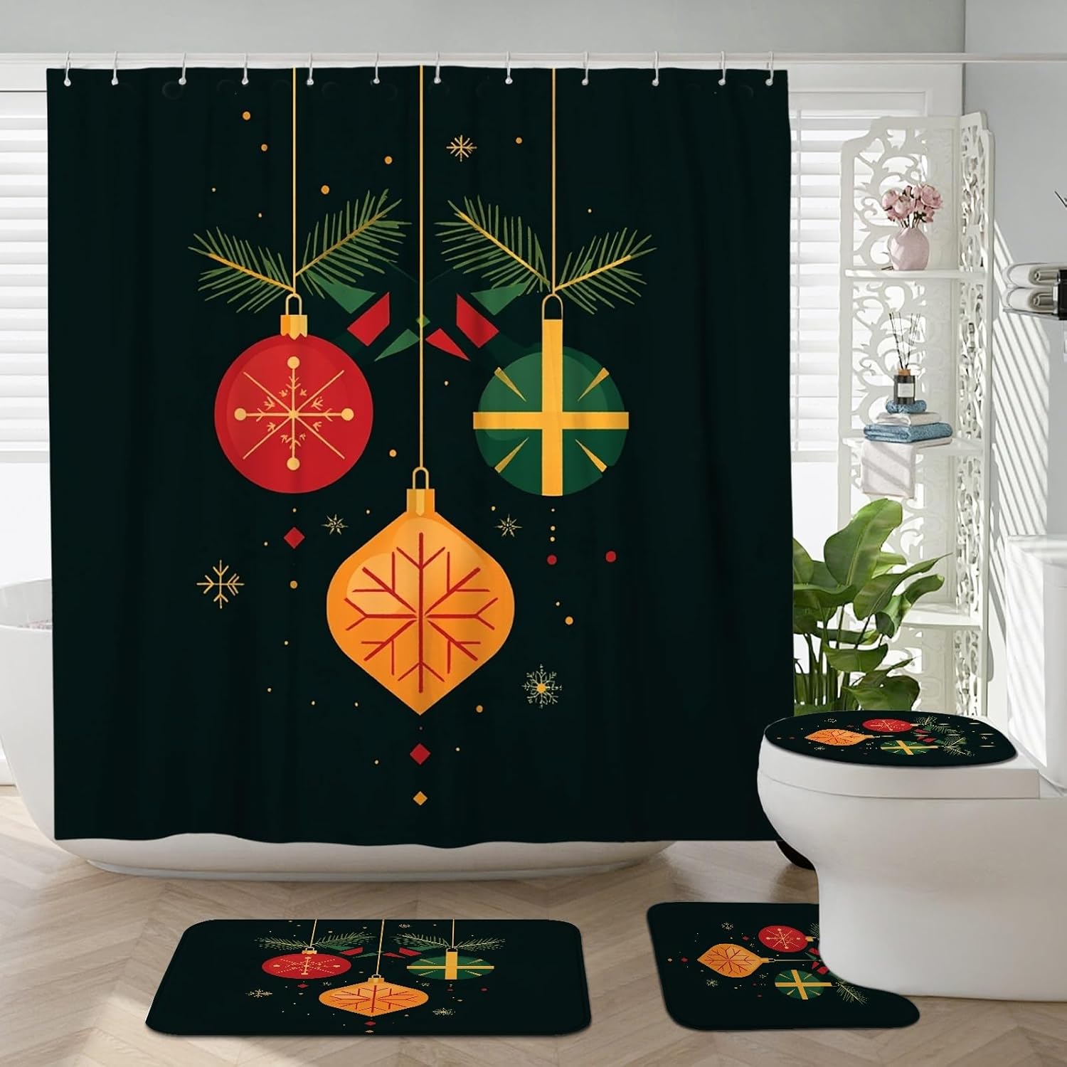 4PCS Vintage Merry Christmas Balls Bathroom Sets, Bath with Non-Slip Rug, U Shape Toilet Lid Cover Mat, Black Retro Xmas Bathroom Decor-72''x72''